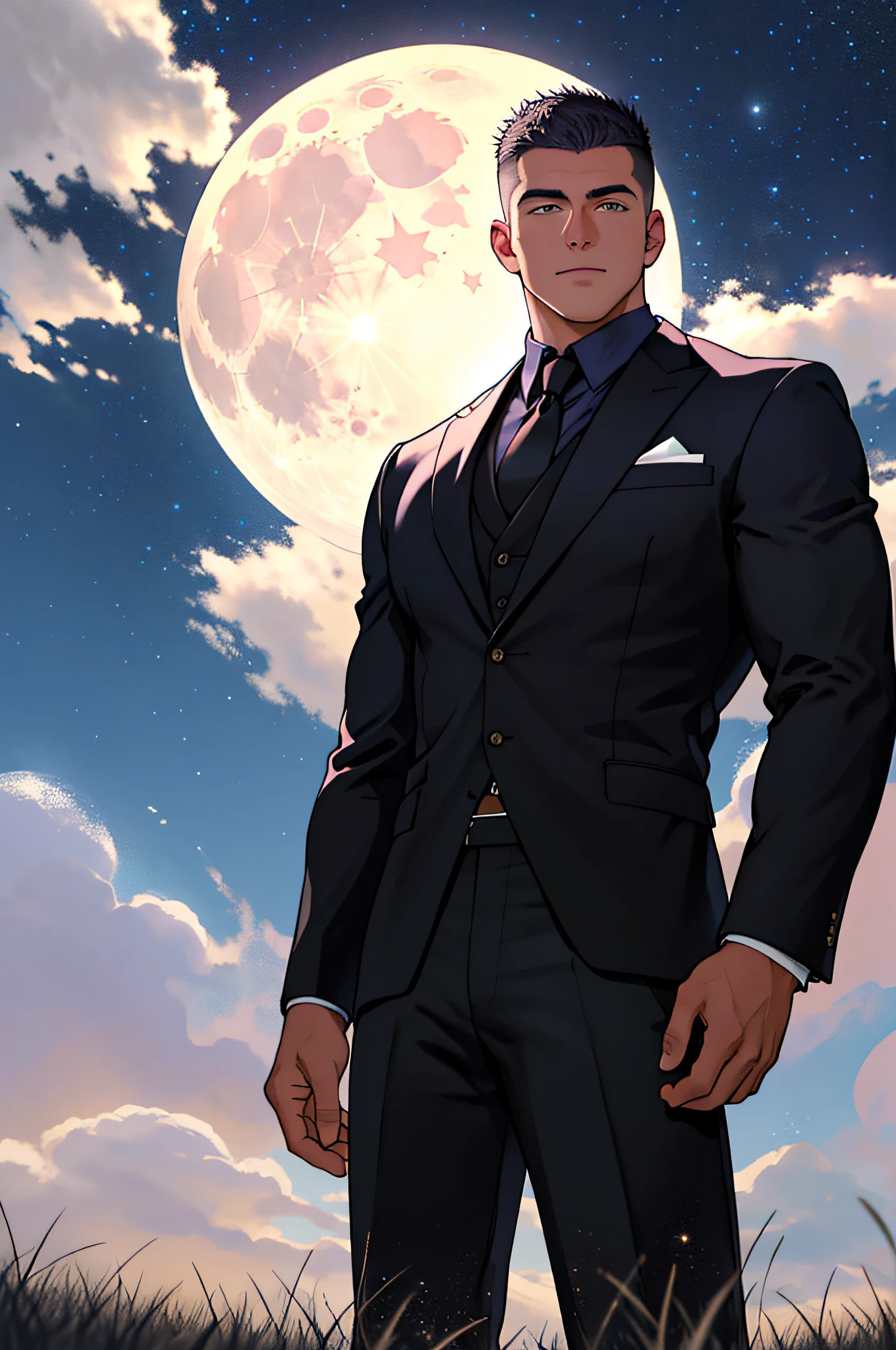 Draw a full-fledged footballer,Standing on the steppe at night,He wears a fancy suit,The man looks confident and determined,looking-down,Crew cut,full bodyesbian,Stars dot the sky,shooting from below,Big moon highlights background