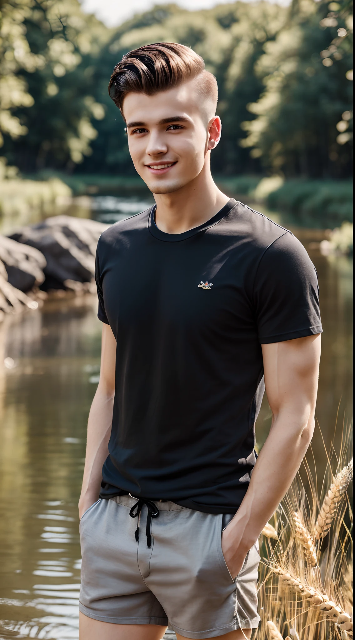 (8K UHD、RAW Photography、Photorealsitic:1.5、Digital SLR、Lifelike images)、(Portrait of seductive and beautiful 24 year old British man、Fade Belly Short Hairstyle、a blond、Turn your captivating gaze to the camera、A seductive smile)、(beautiful, wheat-colored skin、Very delicate skin、Skin details、Tempered chest plate)、(Plain black t-shirt)、(frontage、close up of face)、(beautiful blue sky、a river、great outdoors、Forest in the rear)
