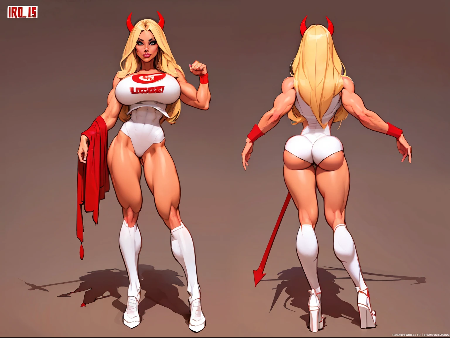 ((masterpiece)),(((best quality))),((character design sheet)), illustration,1woman, environment Scene change, muscular, red skin, white legs, thick legs,devil horns, scribbles and marks, fire, ((detailed face:1.1)), rough sketches, pose too, blonde and white color palette, 8k,16k, (simple background, light background: 1.3)