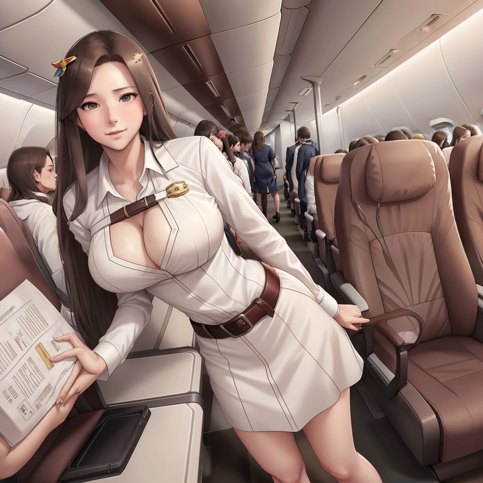 girl,Mercy,long brown hair,he tall,sexy,super big breast,(P cup),,stewardress on the plane,full body, mercy stewardressoutfit,happy detailed face,in the plane,standing on the plane