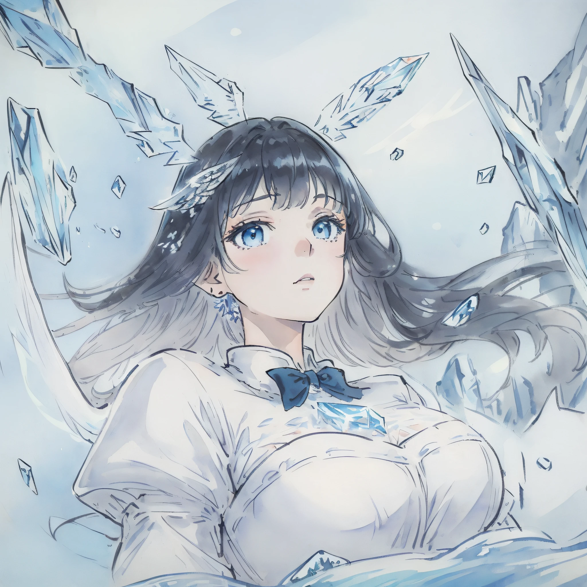 (((masterpiece))),best quality, illustration,(beautiful detailed girl),beautiful detailed glow,detailed ice,beautiful detailed water,(beautiful detailed eyes),expressionless,beautiful detailed white gloves, (floating palaces:1.2),azure hair,disheveled hair,long bangs, hairs between eyes, (skyblue dress),black ribbon,white bowties,midriff,{{{half closed eyes}}},,big forhead,blank stare,flower,large top sleeves,(((ice crystal texture wings))),{{{{{{{{Iridescence and rainbow hair:2.5}}}}}}},{{{{{{detailed cute anime face}}}}}},{{loli}},{{{{{watercolor_(medium)}}}},(((masterpiece)))