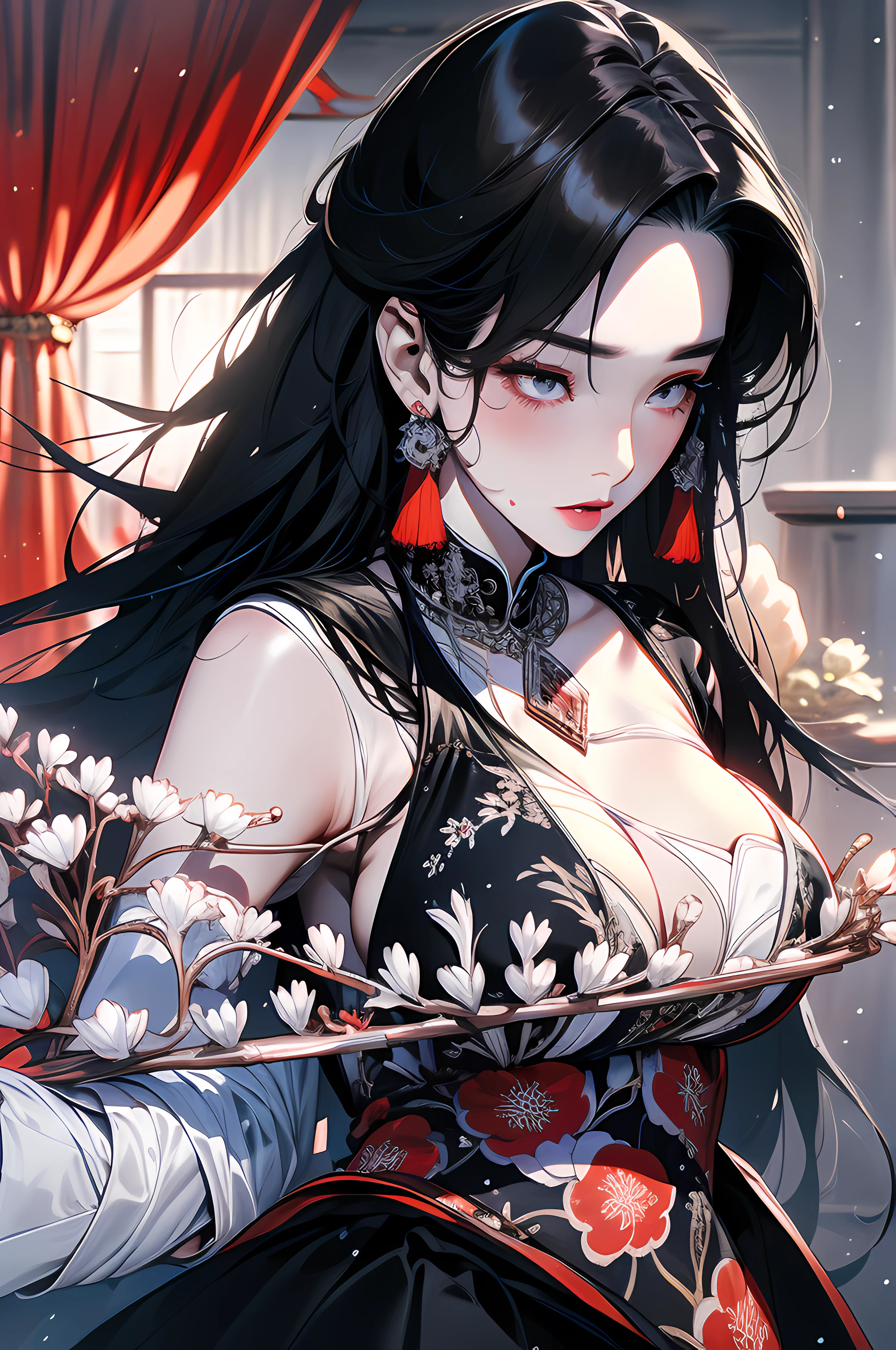 Black-haired god, white mask woman, red wedding dress, crying, close-up figure painting, gorgeous Guwiz style art, breathtaking epic character painting, Fan Qi, Yang J, Wu Zhun Shifan, etc., wonderful artistic journey on Guwiz Pixiv.