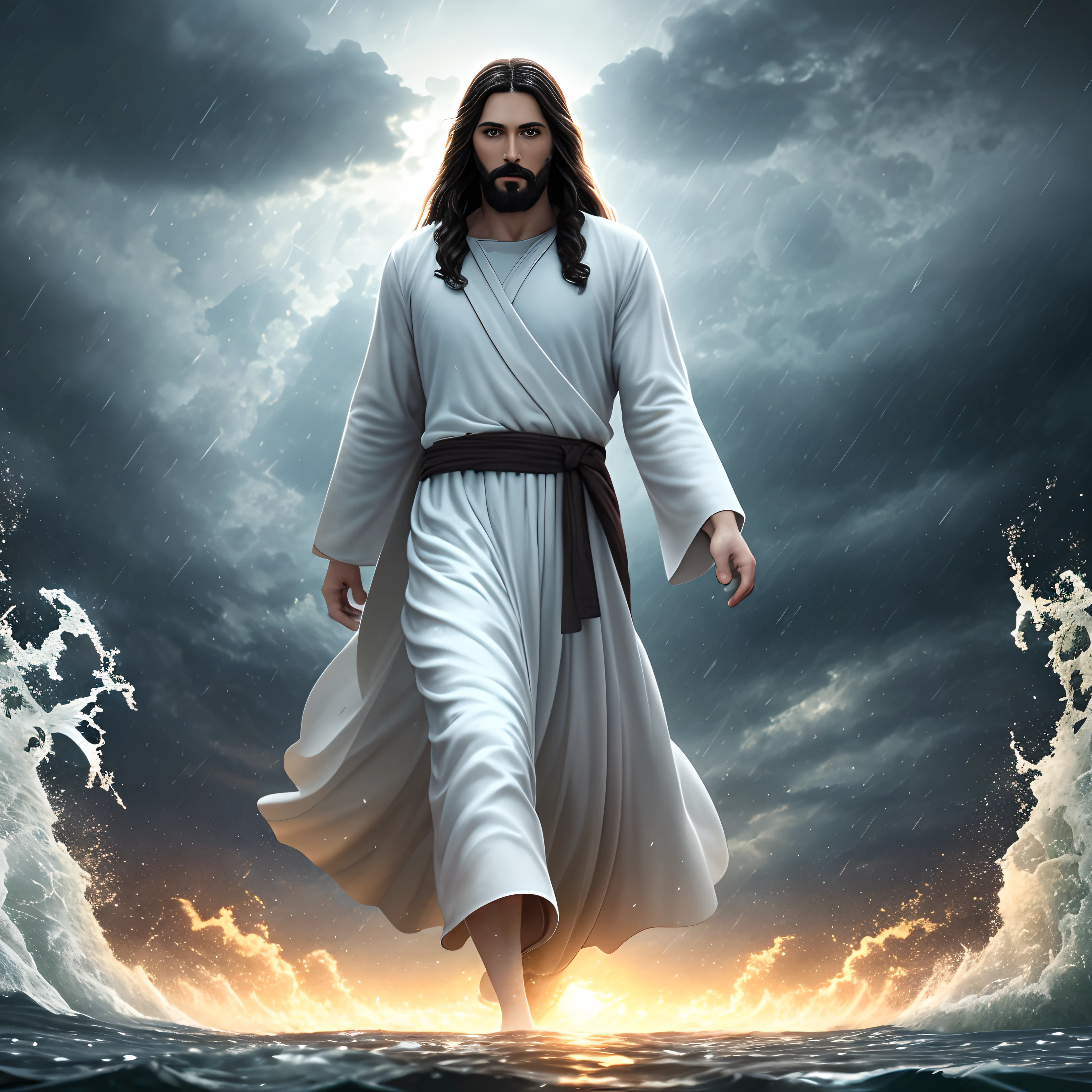 jesus walking on water in a storm, masterpiece, best quality, high quality, extremely detailed CG unit 8k wallpaper, award winning photography, Bokeh, Depth of Field, HDR, bloom, Chromatic aberration, photorealistic, extremely detailed, trending on artstation, trending on CGsociety, intricate, high detail, dramatic, mid-journey art, volumetric lighting