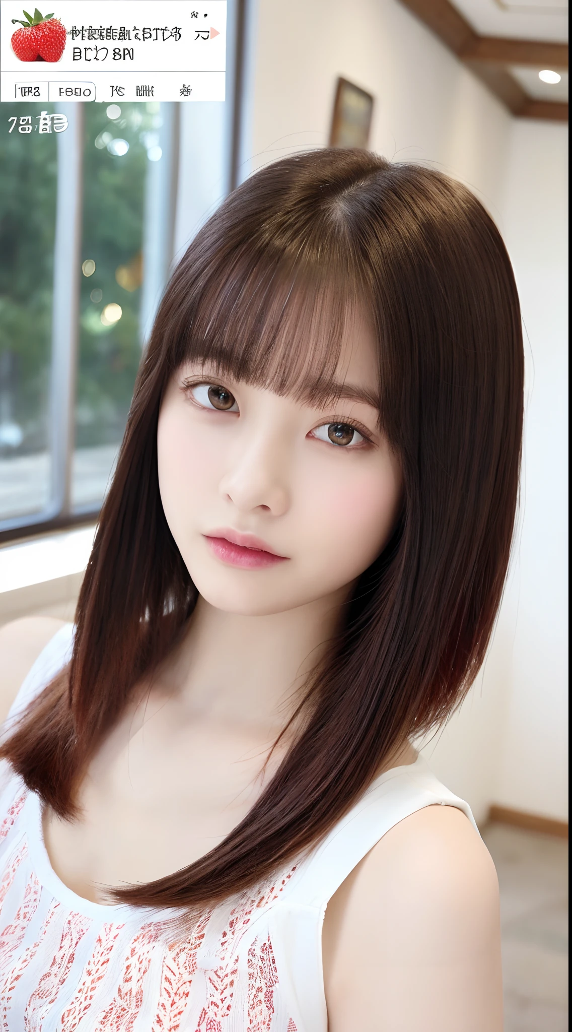 ((top-quality、8K、​masterpiece:1.3))、Detail Women:1.3、(Medium Hair、Colossal tits:1.3)、Camisole with a small area、Clothes that emphasize the chest very much、Clothes with open cleavage、Clothes that expose a lot of skin、lightly dressed、ultra -detail、the detail、eyelid、summer vacation、cafes、strawberry
