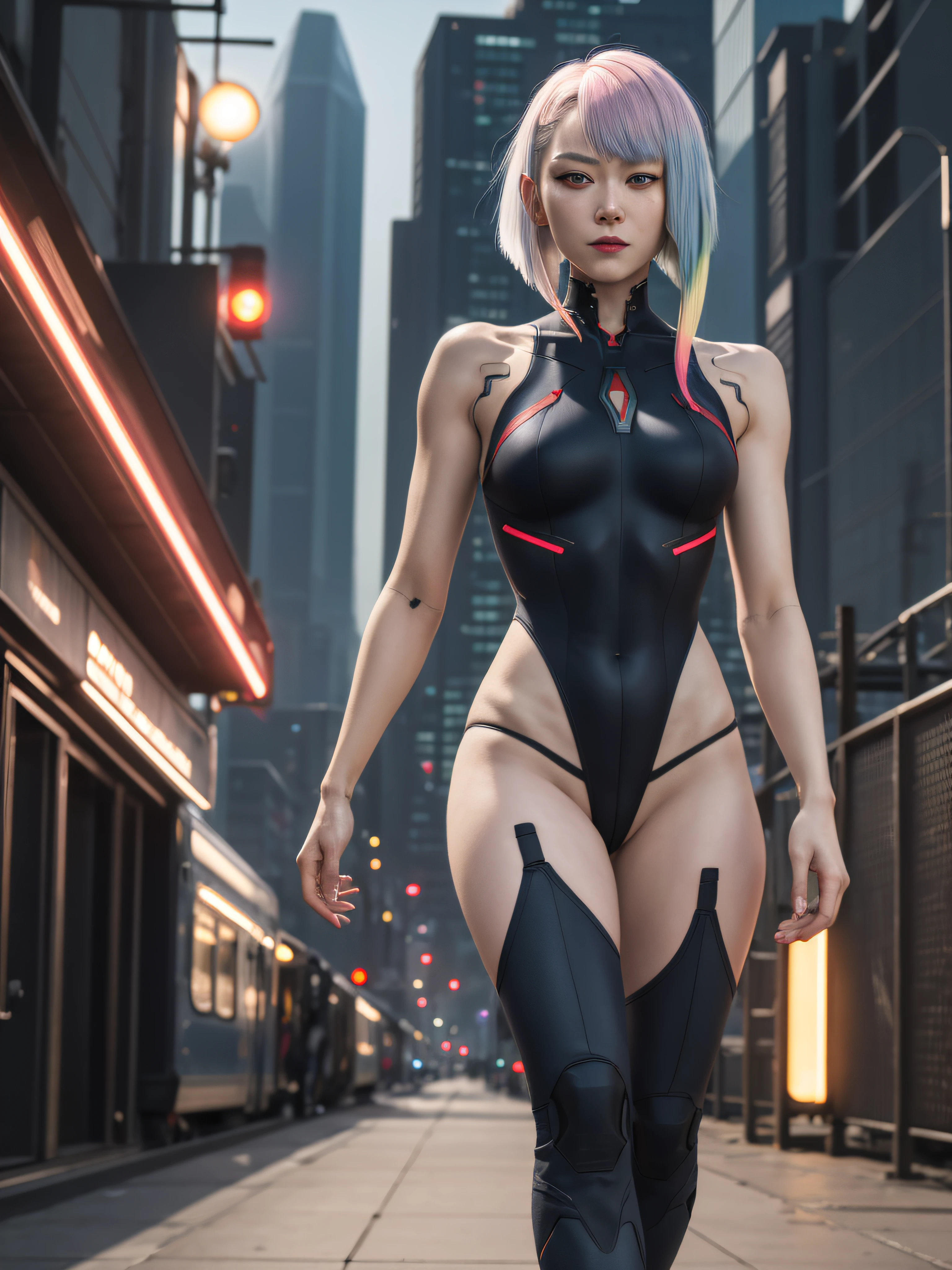 masterpiece, best quality, highres, lu1, cyborg, multicolored hair, makeup, bare shoulders, black leotard, highleg leotard, thong, cyberpunk, train, walking, cowboy shot,