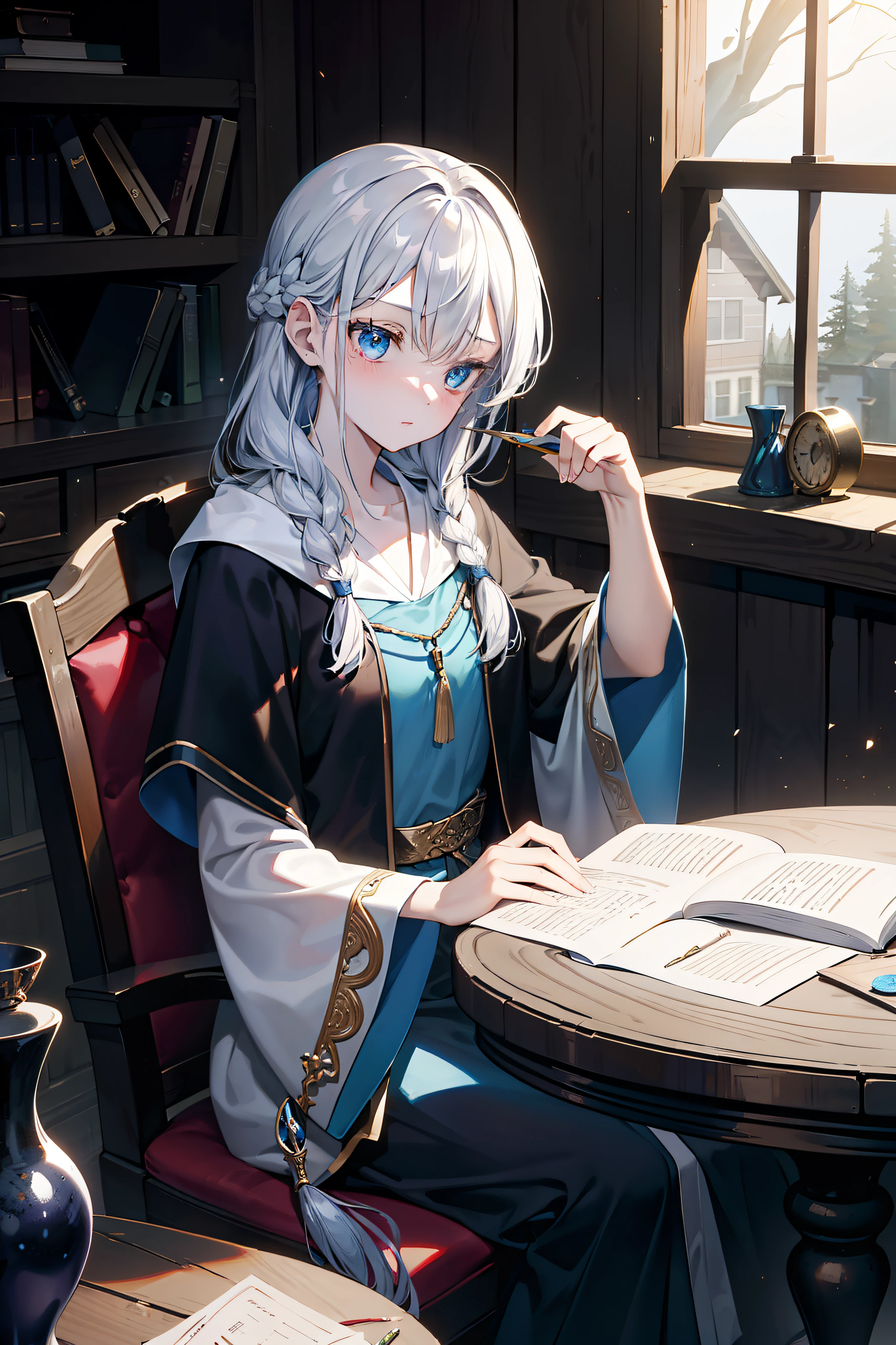 a pregirl, Wear magic robes, Sit at a wooden table, In the attic of the wooden house, is in night, There is a round window at the back, On the table was a spread out magic book, Hold the quill pen, Written in a book, There are candles on the table, blue color eyes, Silver hair, Braid, Long hair, Contemplative, Thinking, Confused, Cinematic lighting, Ray tracing, Masterpiece, Award-Awarded, Best quality, Textured skin
