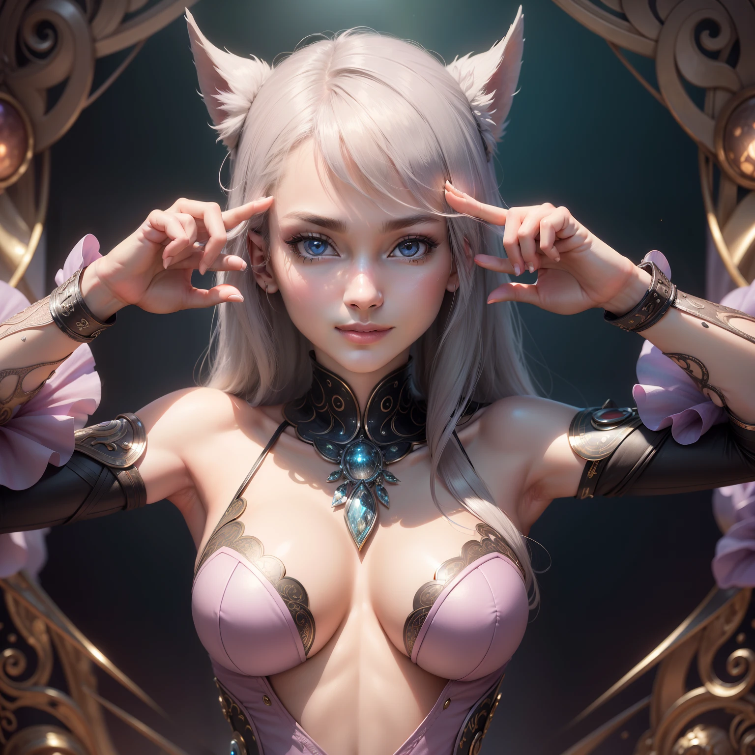 ((High resolution, ultra-detailed, extremely delicate details)) masterpiece, best quality, surrealism, bright colors, sci-fi, punk, good hands, fine face, delicate and detailed eyes, realistic details, incredible accuracy, deep pink, photon, ether, smoky gray, guilt, jaw-dropping precision, magical pet companion, a mysterious creature with telepathic abilities and shape-shifting properties, fine face, delicate and detailed eyes, pointing pose, looking at the audience, flirting smile look, depth of field ,