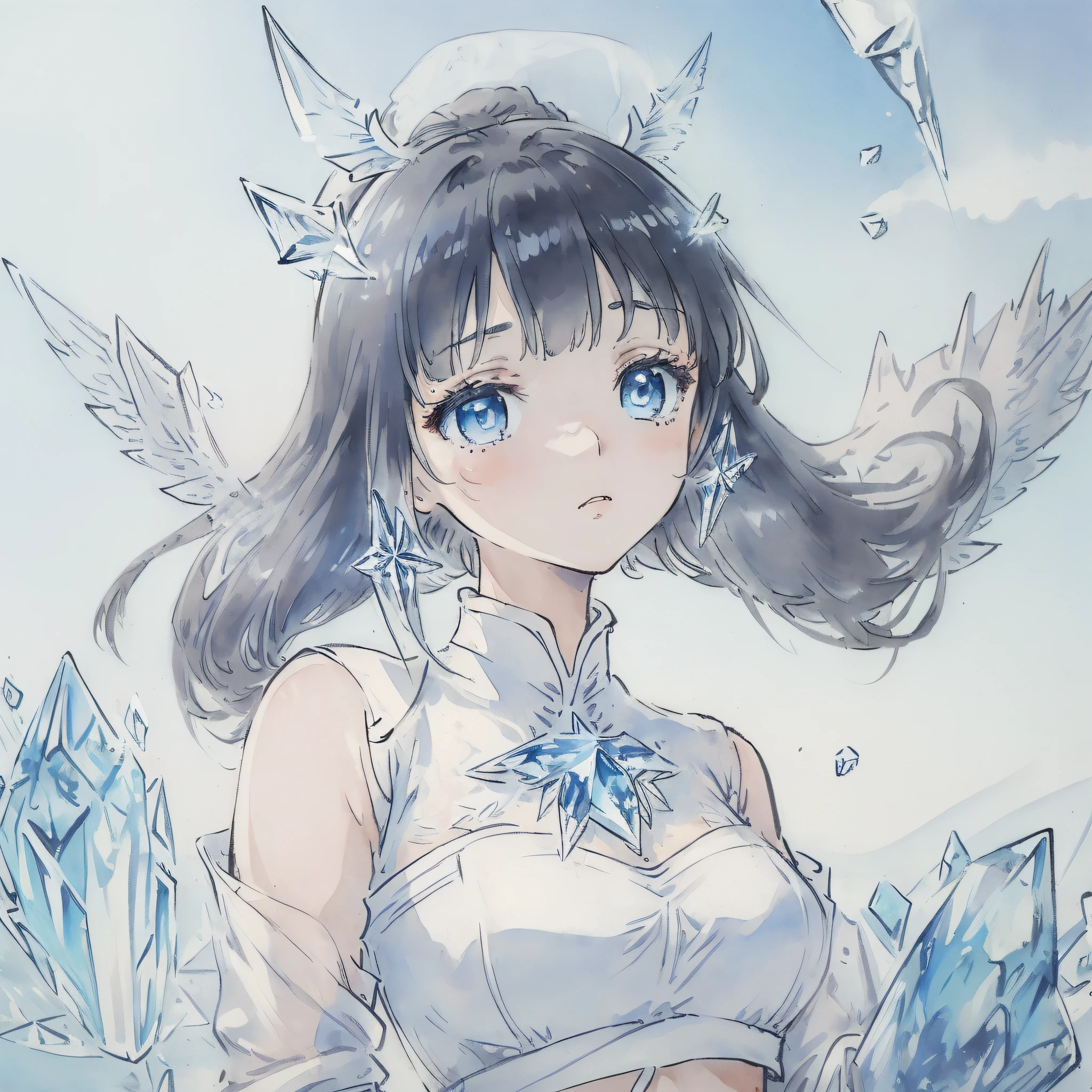 (((masterpiece))),best quality, illustration,(beautiful detailed girl),beautiful detailed glow,detailed ice,beautiful detailed water,(beautiful detailed eyes),expressionless,beautiful detailed white gloves, (floating palaces:1.2),azure hair,disheveled hair,long bangs, hairs between eyes, (skyblue dress),black ribbon,white bowties,midriff,{{{half closed eyes}}},,big forhead,blank stare,flower,large top sleeves,(((ice crystal texture wings))),{{{{{{{{Iridescence and rainbow hair:2.5}}}}}}},{{{{{{detailed cute anime face}}}}}},{{}},{{{{{watercolor_(medium)}}}},(((masterpiece)))