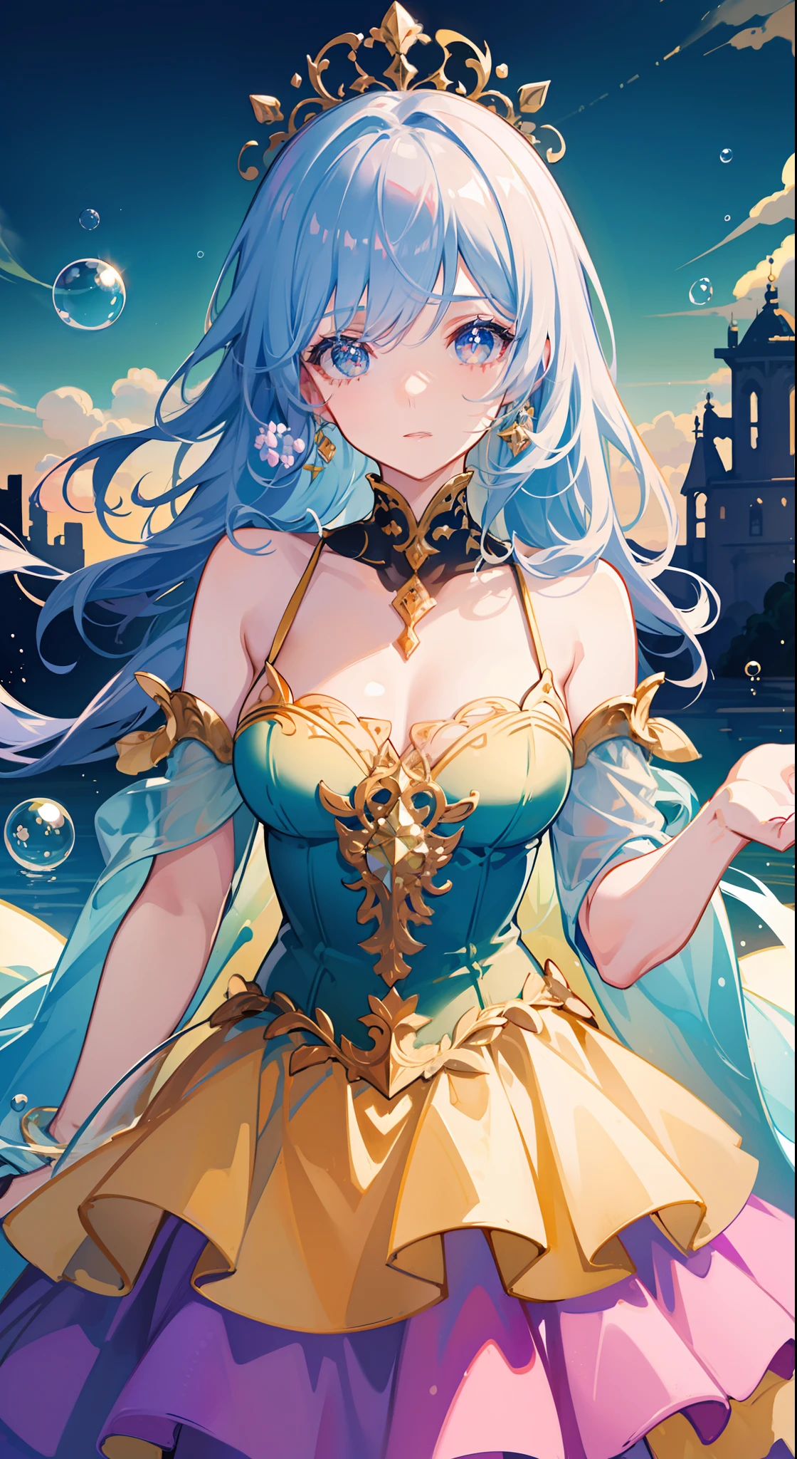 masterpiece, best quality, 8k resolution, sharp focus, intricate detail, beautiful girl, sparkling eyes, golden ratio face, otherworldly liquid, watercolor, pastel colors, bright colors, whimsical, colorful, sharp focus, high resolution, fine detail, tiered layered ballgown, ((round eyes)), iridescent bubbles, fantasia whimsical background