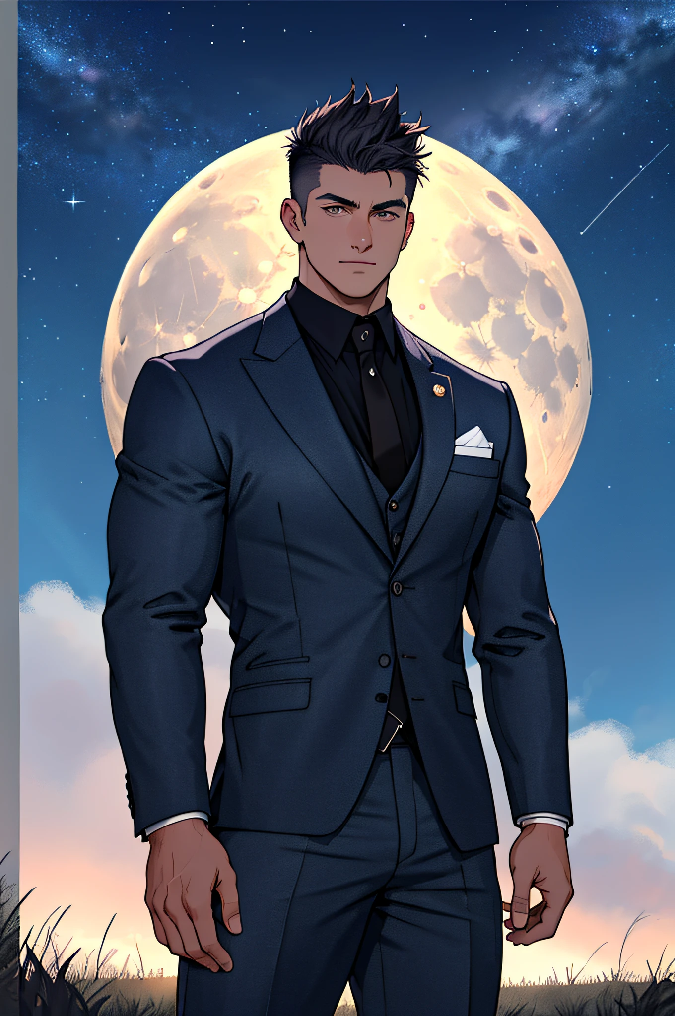 Draw a full-fledged footballer,Standing on the steppe at night,He wears a fancy suit,The man looks confident and determined,looking-down,Crew cut,full bodyesbian,Stars dot the sky,shooting from below,Big moon highlights background