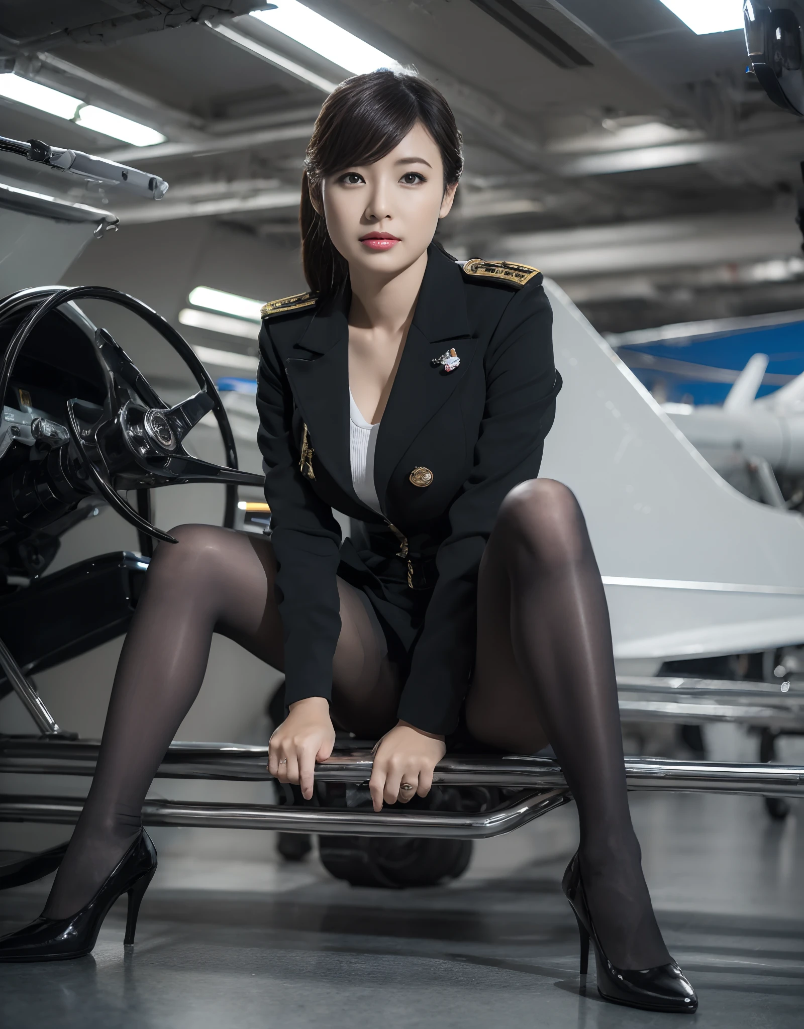 Asian pilot in 20s, black heels,  pantyhose, posing in aisle of aircraft with seats, huge size, detailed face. (8K, Best Quality: 1.2), (Masterpiece, Photorealistic: 1.3), Super Detail, anatomically correct