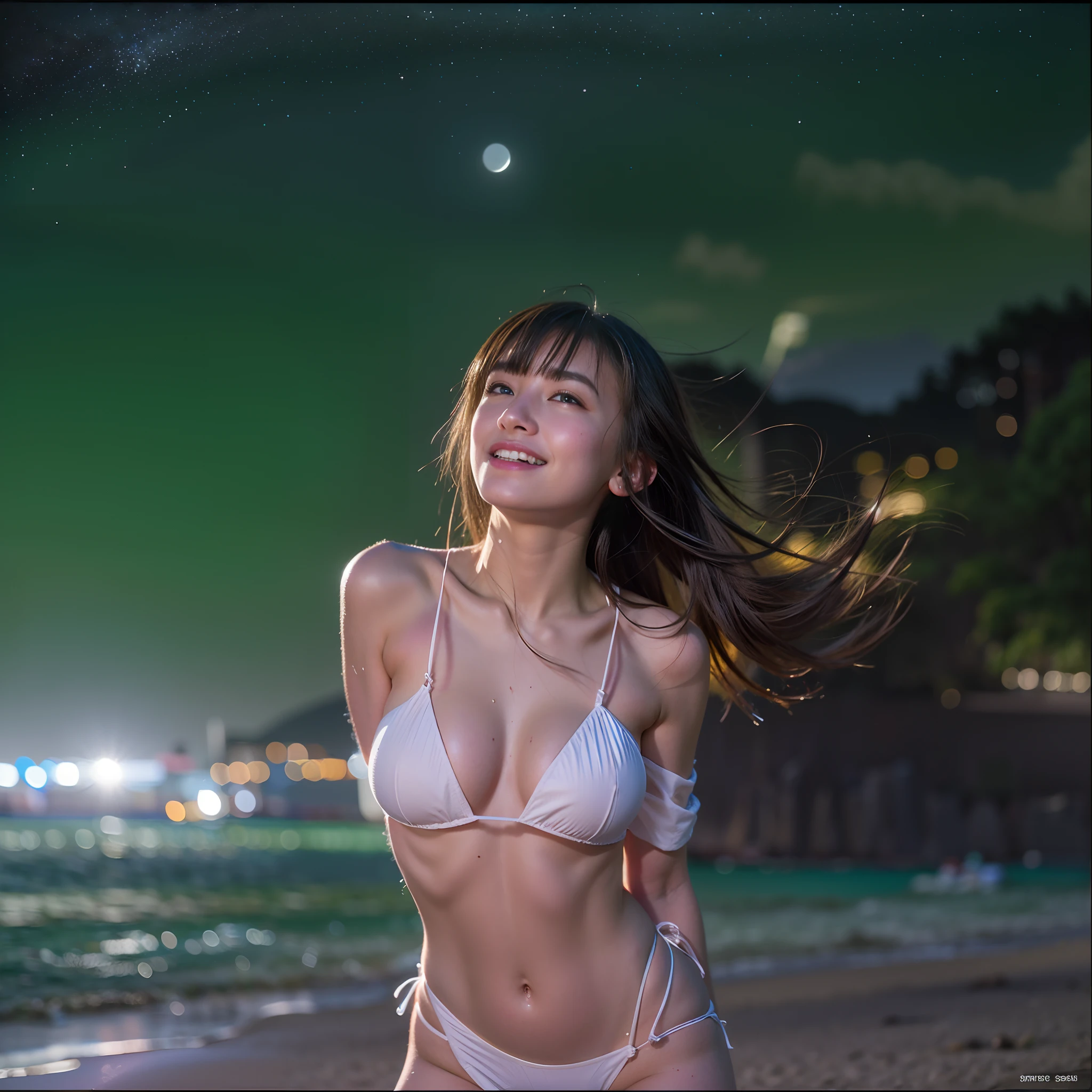 (((Alone on the beach at night under bright moonlight、Beautiful woman with short bob style smile)))、(((Show off your beautiful armpits)))、(((View the camera from a low angle)))、(((sexy  pose)))、(((Camera Lens Aperture 85mm 1.0)))、(perfect anatomia)、((Beautiful eyes and the best smile))、(((The waist bracket is the best)))、(in 8K、Raw photography、top-quality、​masterpiece:1.2)、(realisitic、Photorealsitic:1.37)、超A high resolution、Increased depth of field、chromatic abberation、Caustics、Broadlighting、Natural Shading、FujifilmXT3、​masterpiece、ultra-detailliert、((White string bikini is biting))、((1girl in))、独奏、(Kneel on the sandy beach)、Looking up and a big smile、​masterpiece、超A high resolution、(Photorealsitic:1.4)、Raw photo、1人、Hair that flutters in the wind、glowy skin、Wet body、Dramatic Writing、full body Esbian、maikurobikini、perfect anatomia、