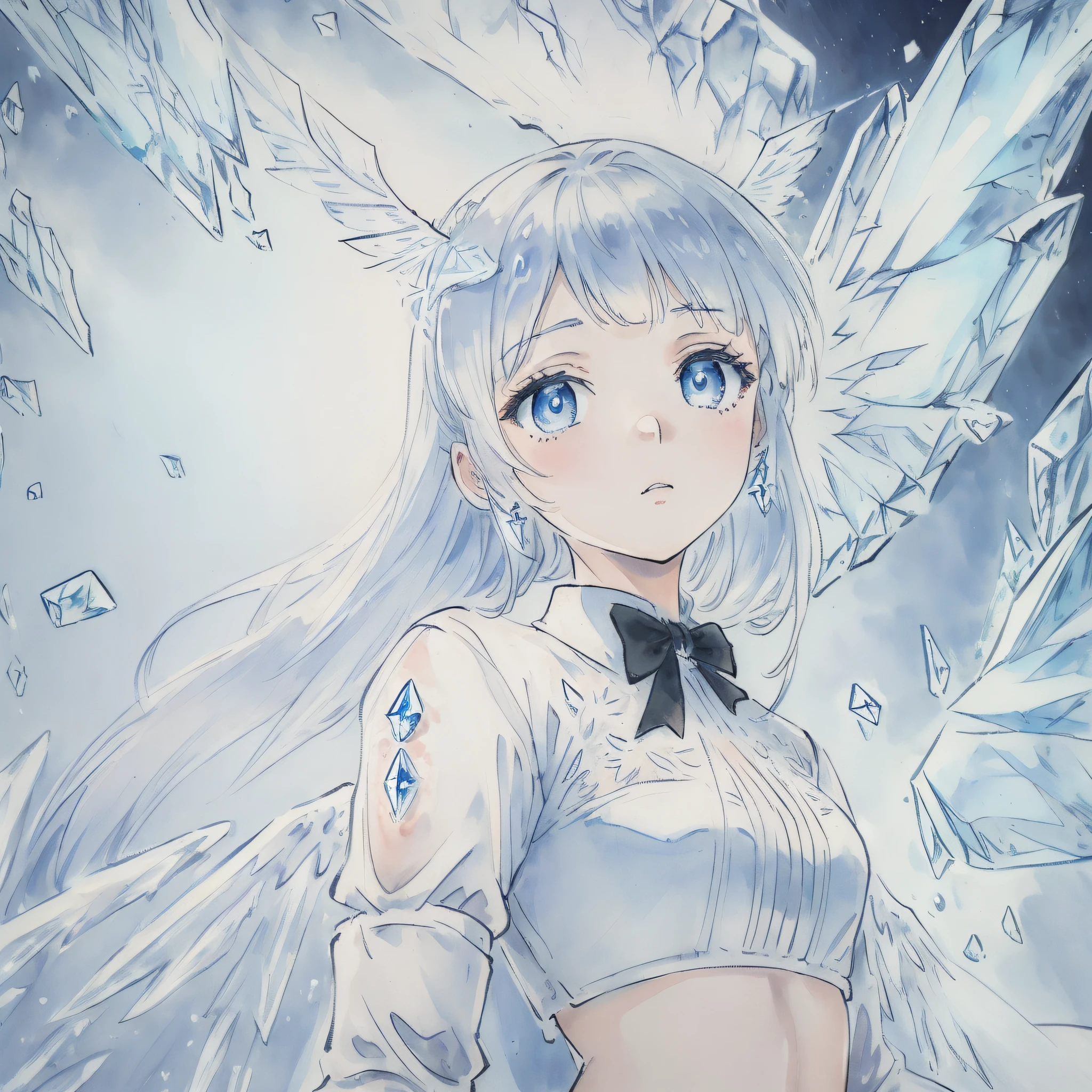 (((masterpiece))),best quality, illustration,(beautiful detailed girl),beautiful detailed glow,detailed ice,beautiful detailed water,(beautiful detailed eyes),expressionless,beautiful detailed white gloves, (floating palaces:1.2),azure hair,disheveled hair,long bangs, hairs between eyes, (skyblue dress),black ribbon,white bowties,midriff,{{{half closed eyes}}},,big forhead,blank stare,flower,large top sleeves,(((ice crystal texture wings))),{{{{{{{{Iridescence and rainbow hair:2.5}}}}}}},{{{{{{detailed cute anime face}}}}}},{{li}},{{{{{watercolor_(medium)}}}},(((masterpiece)))