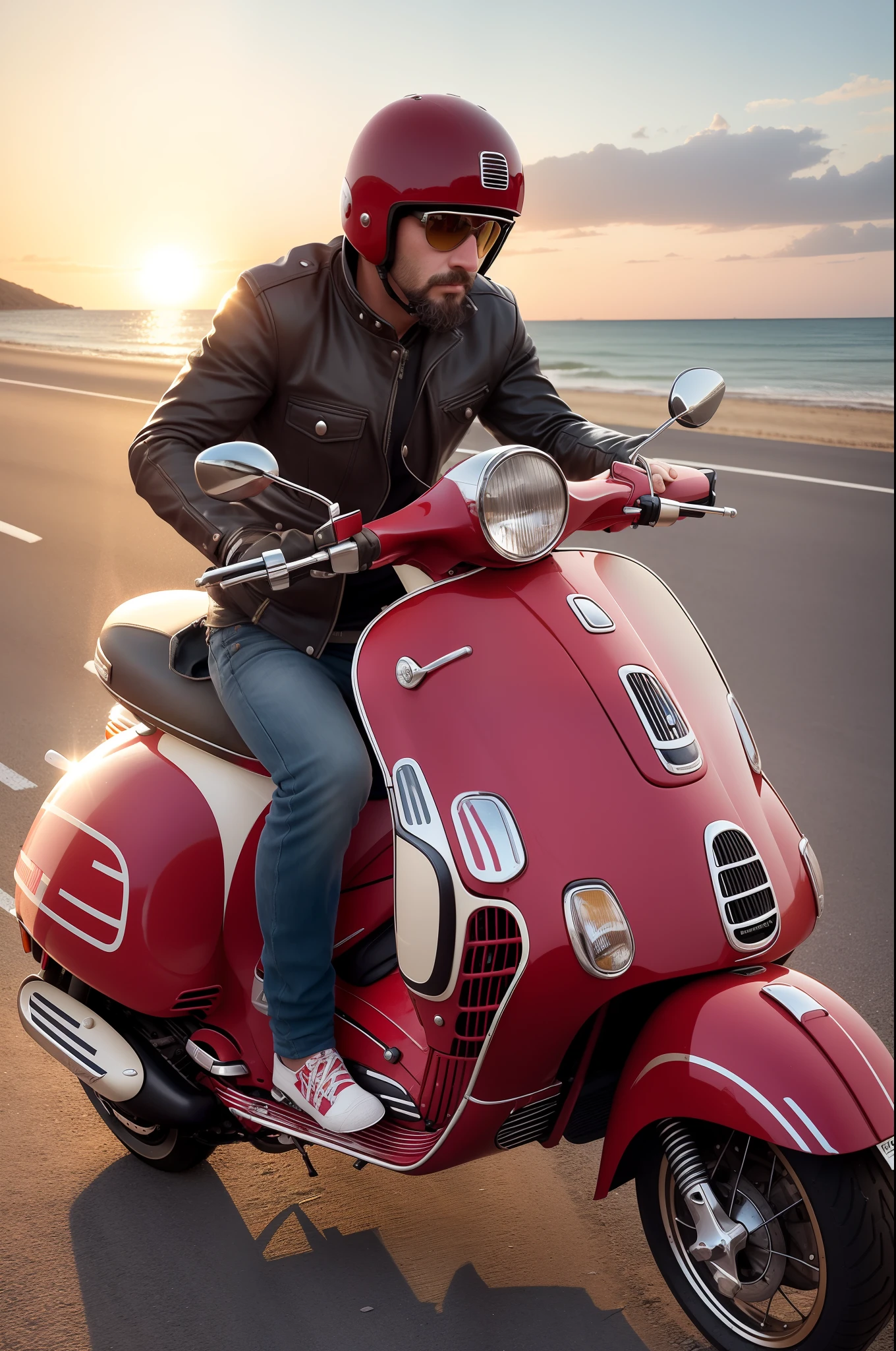 fotografia, foto realista, 8k, ((hombre en una vespa roja)), en carretera hombre en una vespa, viajando con vista a la playa, fondo atardecer, luz calida