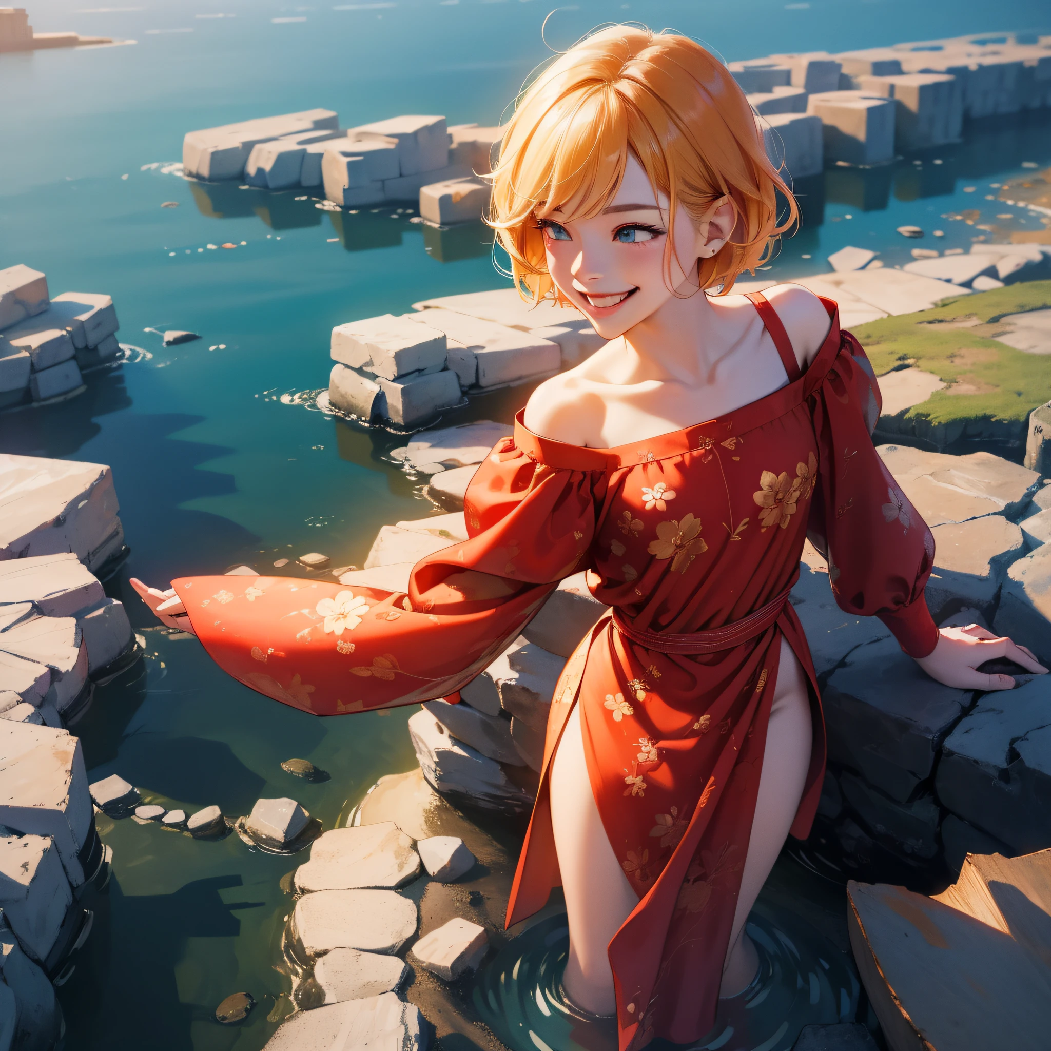 (in 8K、top-quality、masterpiece:1.2)、1人の女性、(Smiling smile:1.1)、beautidful eyes、Valley、The upper part of the body、shorth hair、Like a boy 、Quirk hair、short-cut、red view、