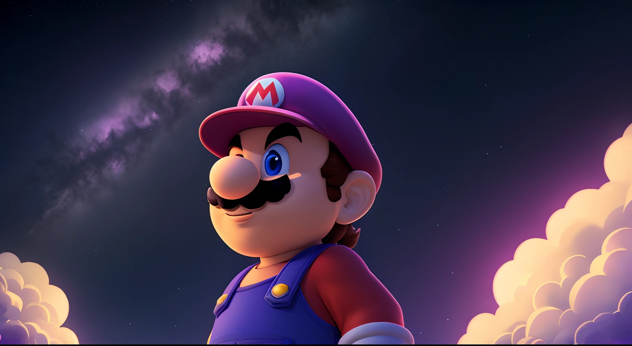 SUPER MARIO from NINTENDO ADMIRING THE MIDNIGHT SKY FULL OF STARS, Lofi Style, close up, ULTRA DETAILED, 8k, sky with contrasts purple and black, REALISTIC ANIMATED background, vibrant colors