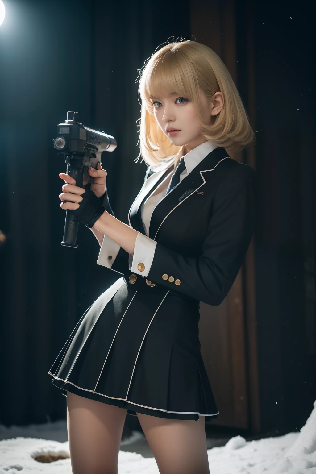 （（Squat on one knee，Shooting status of a hand-held rifle）），Wild snow，((Masterpiece:1.2, Best quality)),Movie,offcial art,promotional art,movie wallpapers,（A blonde girl is in ）, （White suit dress，Double-breasted style，White pleated skirt hem）,Uniform cover， Exposing thighs,185cm. Shot in the snow in cinematic style,  The color temperature is cool，Slightly bluish tint, Convey a feeling of indifference and tension. The lighting is dramatic，There are harsh shadows and highlights, . Shot with a Sony A7R IV camera，The aperture is f/2.8, ISO 1600, a shutter speed of 1/200th of a second. UHD dtm HDR 8k.