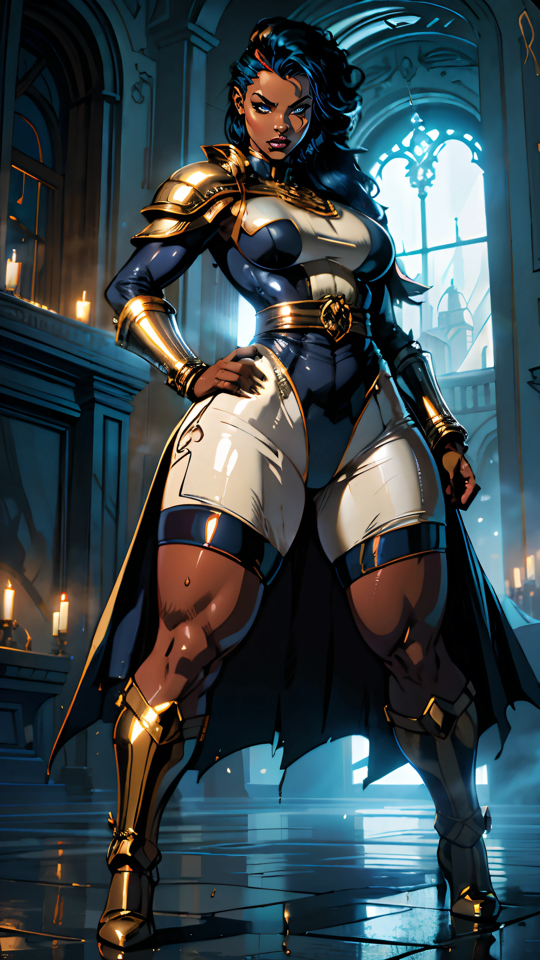 ((best quality)), ((masterpiece)), (illustration), (cinematic), (volumetric lighting), mature 35-year-old woman, anime shading:1.5, 1girl, dark skin, face looks like Rihanna, afro puffs hairstyle, two-tone hair, black hair, blue hair, fat girl, giantess, thick thighs, wide body, wearing stylish royal guard armor, futuristic design, standing, wet and shiny, ororo munroe likeness, dark lips, wide nose, african-american facial features, long hair