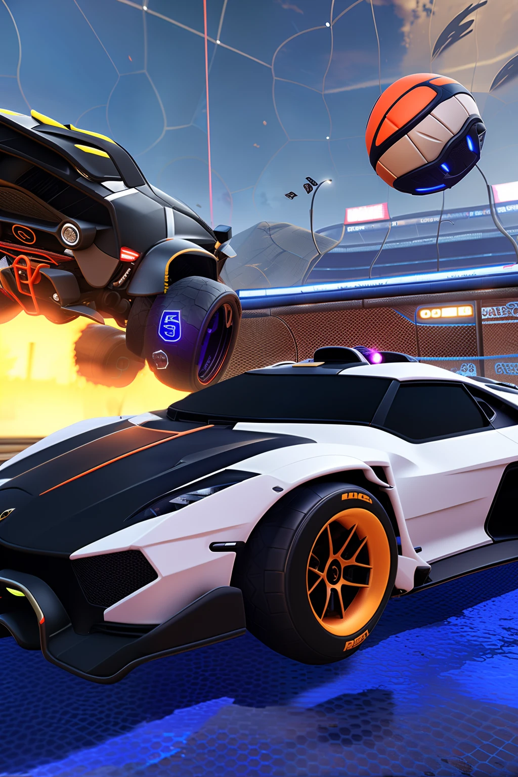 carro do rocket league, detalhado, preto, branco, vermelho, design fluido, chassi lamborghini, rodas pretas.