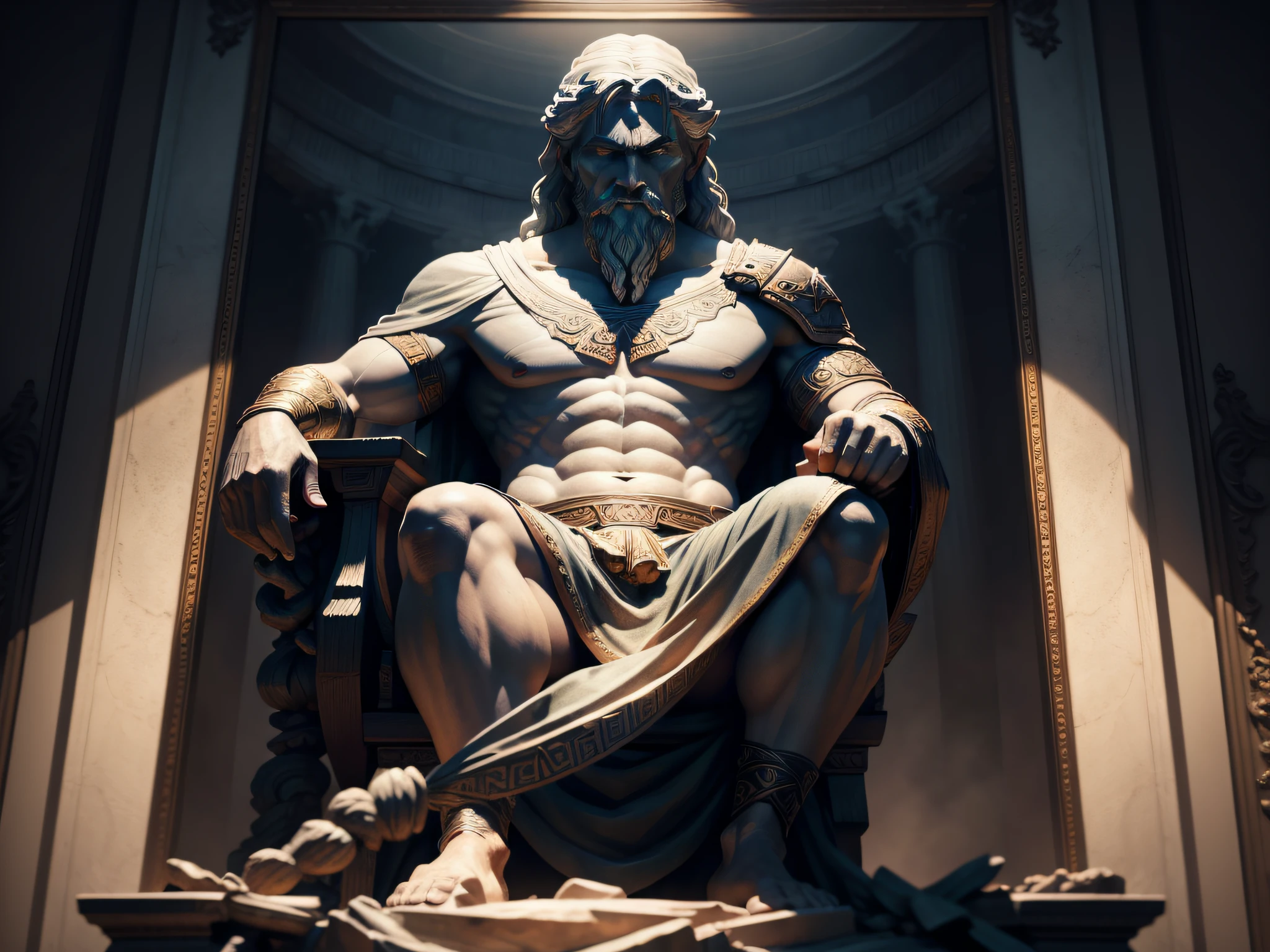 Paint an epic 8K image capturing the intellectual legacy of a great Greek philosopher from the 3rd century BC, depicted as a statue within a scene inspired by the dark and dynamic aesthetics of 'God of War'. Frame the statue in an environment that resonates with historical depth, using masterful lighting and shadows to amplify their profound influence.