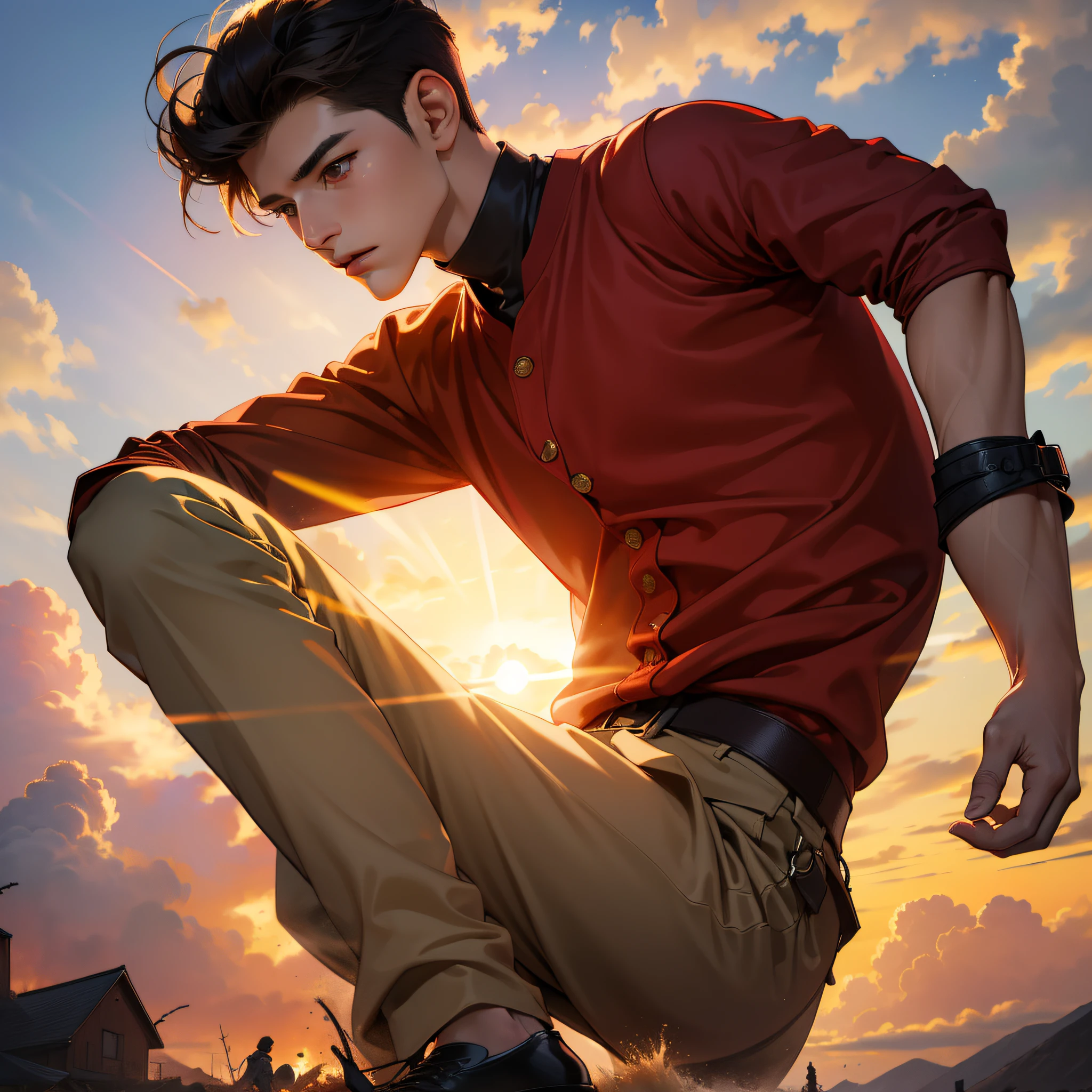 (in 8K、top-quality、masterpiece:1.2)、1 boy、short-haired、Hair short、Brown-skinned、red view、