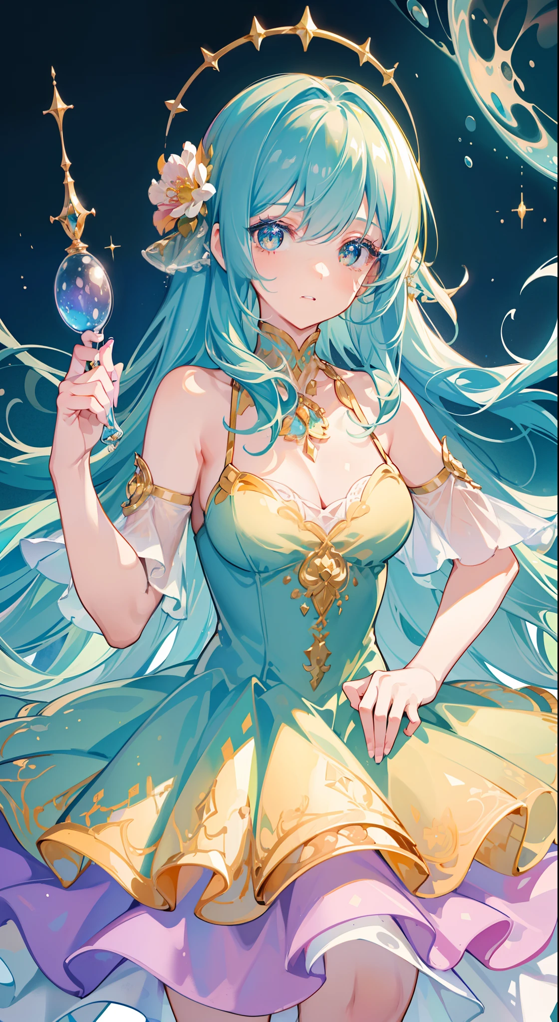 masterpiece, best quality, 8k resolution, sharp focus, intricate detail, beautiful girl, sparkling eyes, golden ratio face, otherworldly liquid, watercolor, pastel colors, bright colors, whimsical, colorful, sharp focus, high resolution, fine detail, ((layered tiered ballgown)), ((round eyes)), iridescent bubbles, fantasia background