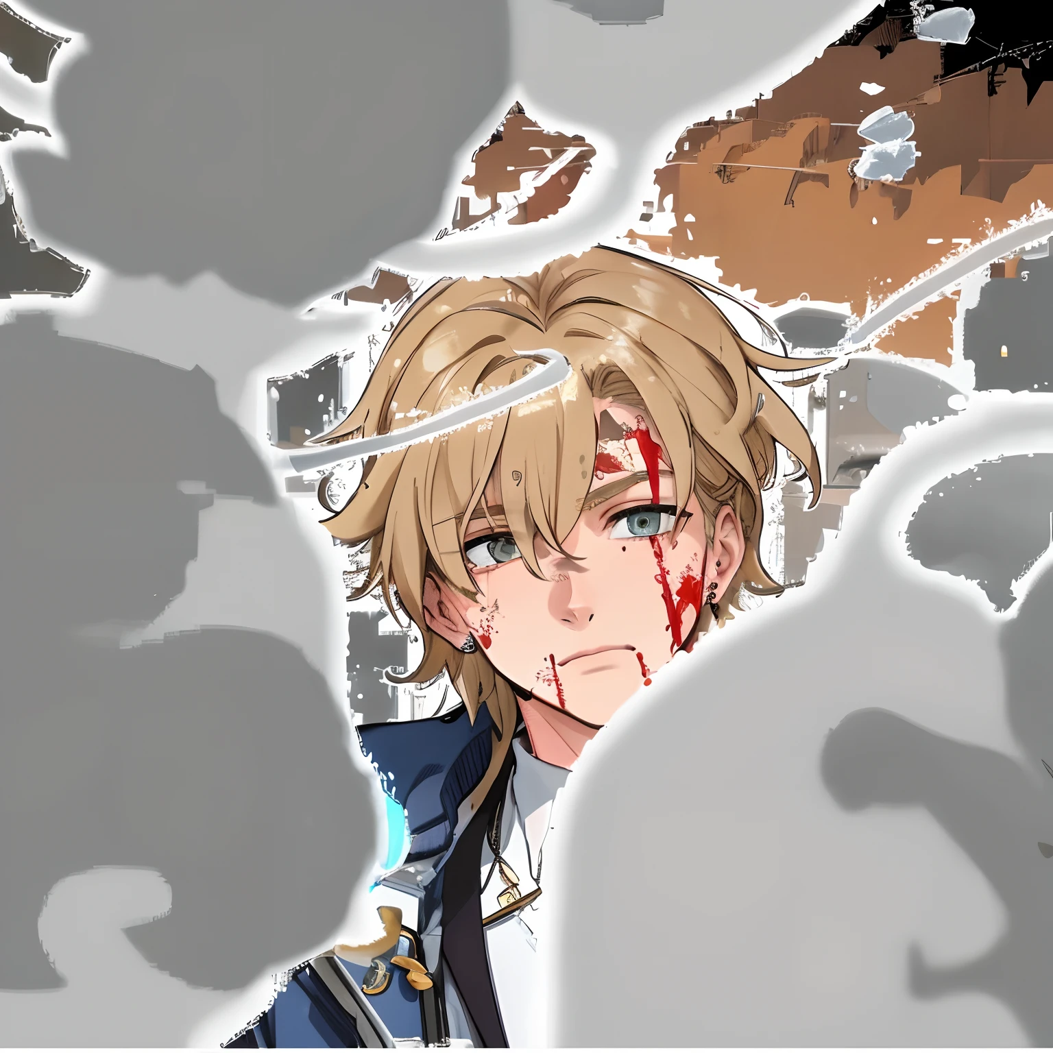 ((Alta qualidade, anatomia perfeita, obra prima)) A blond-haired man bruised in smoke, bonito, jovem, danos de batalha, ((sangrando)), ((sangue no rosto)), estilo capa de quadrinhos, cenario do interior de uma cabine de teletransporte, trajes medieval, smoke billowing, ((Technological Fund))