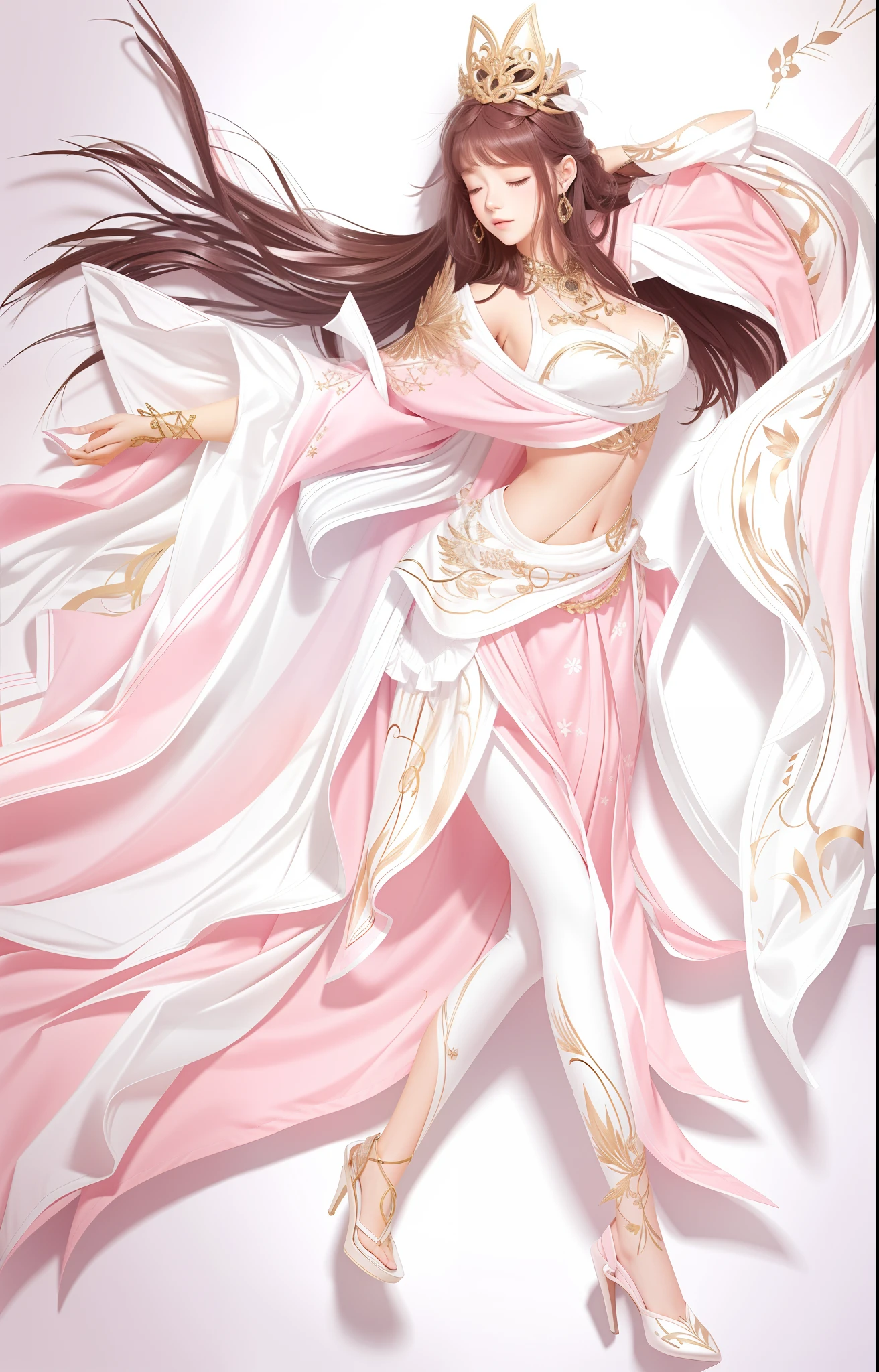 Sleeping girl, 22 years old, realistic, she is wearing long pants, she is wearing pink pajama, brown hair.