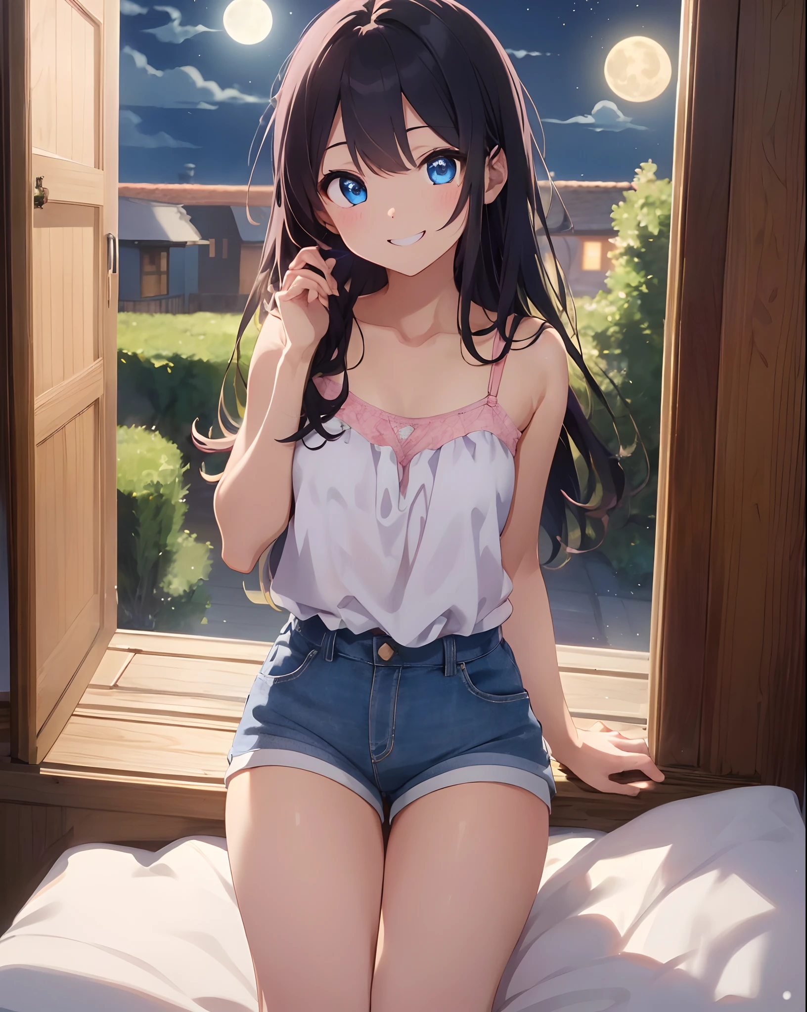 ((masterpiece))、((top-quality)、(Super Detail)、8K、Delicate depictions are filmed in anime style。 (Very long hair、A pink-haired、Bright blue eyes、)、Side tail、Her blue eyes are highlighted。 The overall tone is brighter、Smiling happily。White camisole and pink shorts, Looking over here、Background is bedroom at night、Moon Night
