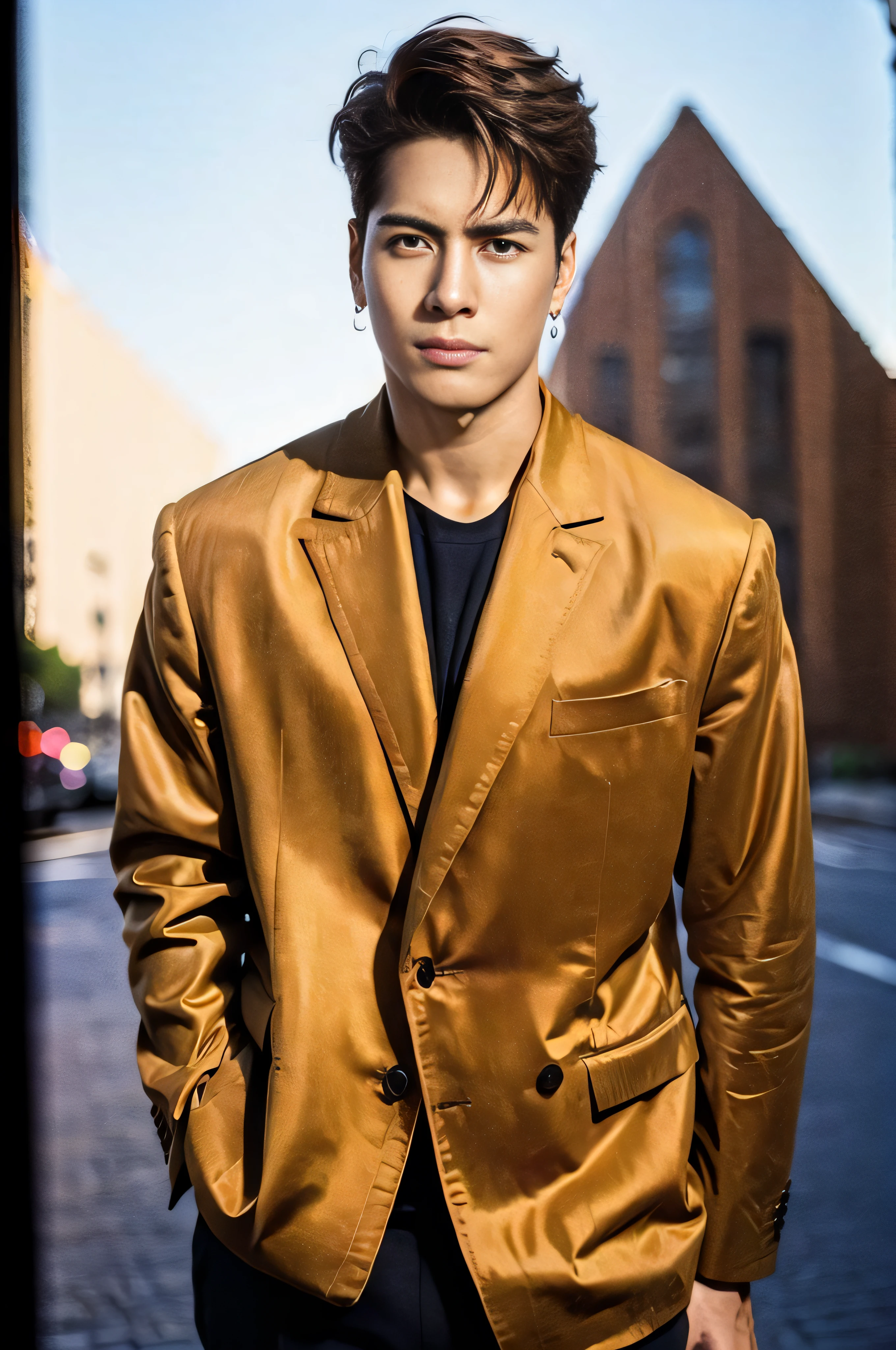 Male, Handsome, Brown hair, Earrings, (Photorealistic:1.4), Best quality, Masterpiece, Photography, view the viewer, wearing a jacket, standing, street, day