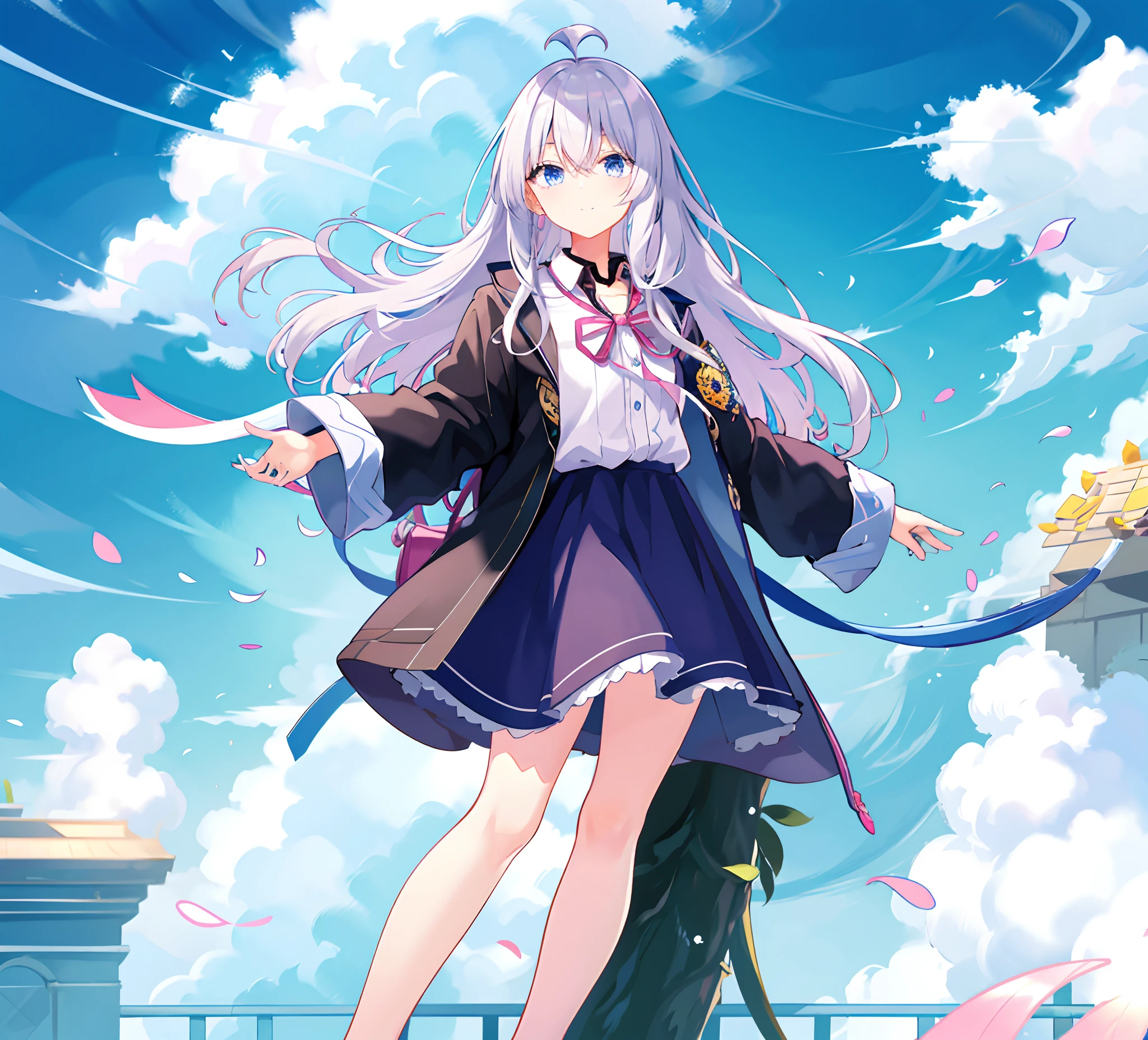 Anime girl in student uniform,On the way to school,4k anime wallpapers,Anime style 4K,Beautiful anime girl unique light and shadow,Anime CG artwork badge,VR garden viewing angle,Detailed rainbow color gradients,Brilliant pattern display。