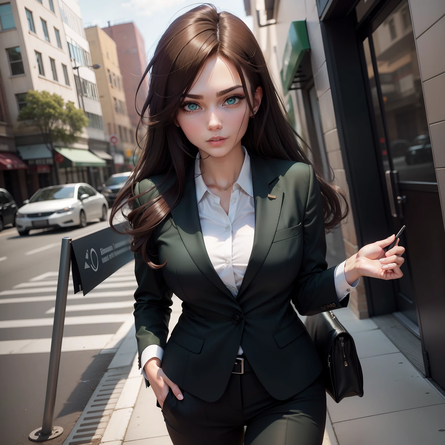 green-eyed,brunette color hair,mtu,Business suit