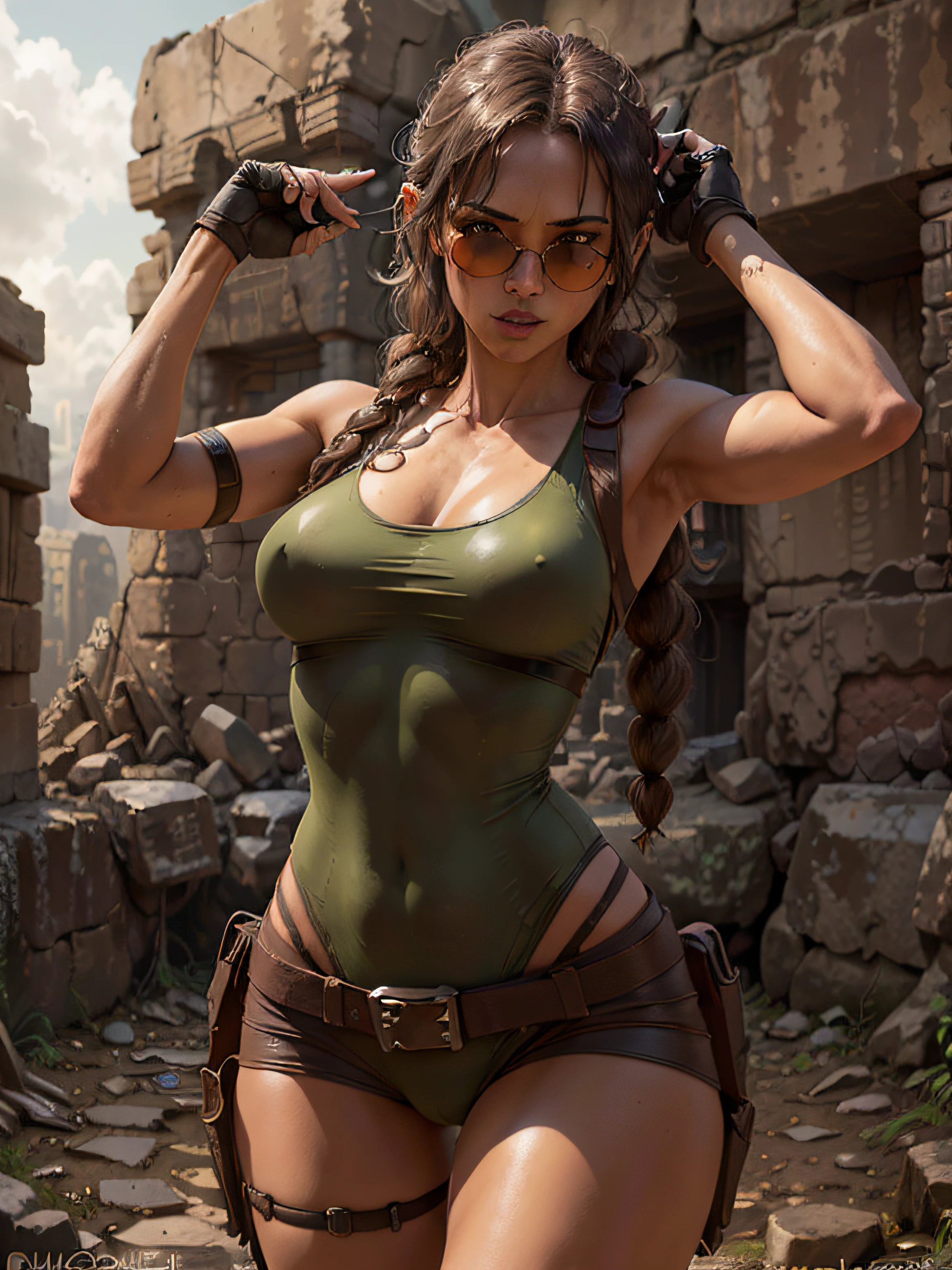 woman posing for a photo,(wearing tomb_rider_cosplay_outfit,wearing sunglasses:1.3),
good hand,4k, high-res, masterpiece, best quality, head:1.3,((Hasselblad photography)), finely detailed skin, sharp focus, (cinematic lighting), collarbone, night, soft lighting, dynamic angle, [:(detailed face:1.2):0.2],(((inside_ruins))), outside,