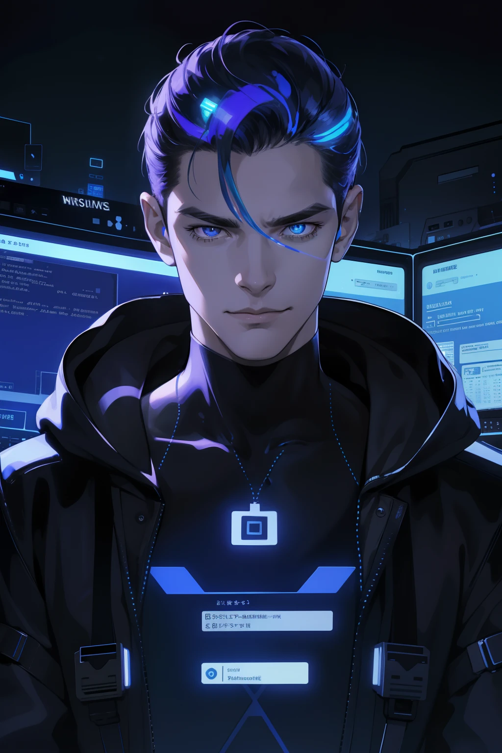 (absurdres, highres, ultra detailed), 1 male, mature, manly, tall muscular, handsome, finely detailed eyes, intricate details, portrait, looking at viewer, solo, half shot, detailed background, detailed face, (1980s synthwave theme:1.1)  high-tech futuristic hacker, smirk, advanced technology, hoodie, techwear, wearable device, keycard, cables,   (holographic display:1.05),   computer, password, control panel in background, blue lights,  dark sinister atmosphere, shadows,