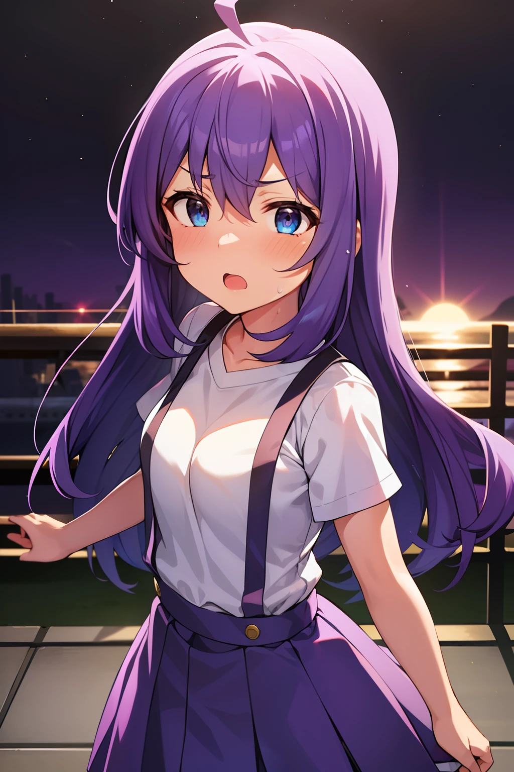 mochizuki anna,1girl in,Solo,Long hair,Purple hair,big breasts.Ahoge,Blue eyes.Short stature.white t-shirts.suspenders.Skirt.Evening glow.the setting sun.Despair face.Sweat.Opening Mouth.up chest.Fighting stance.