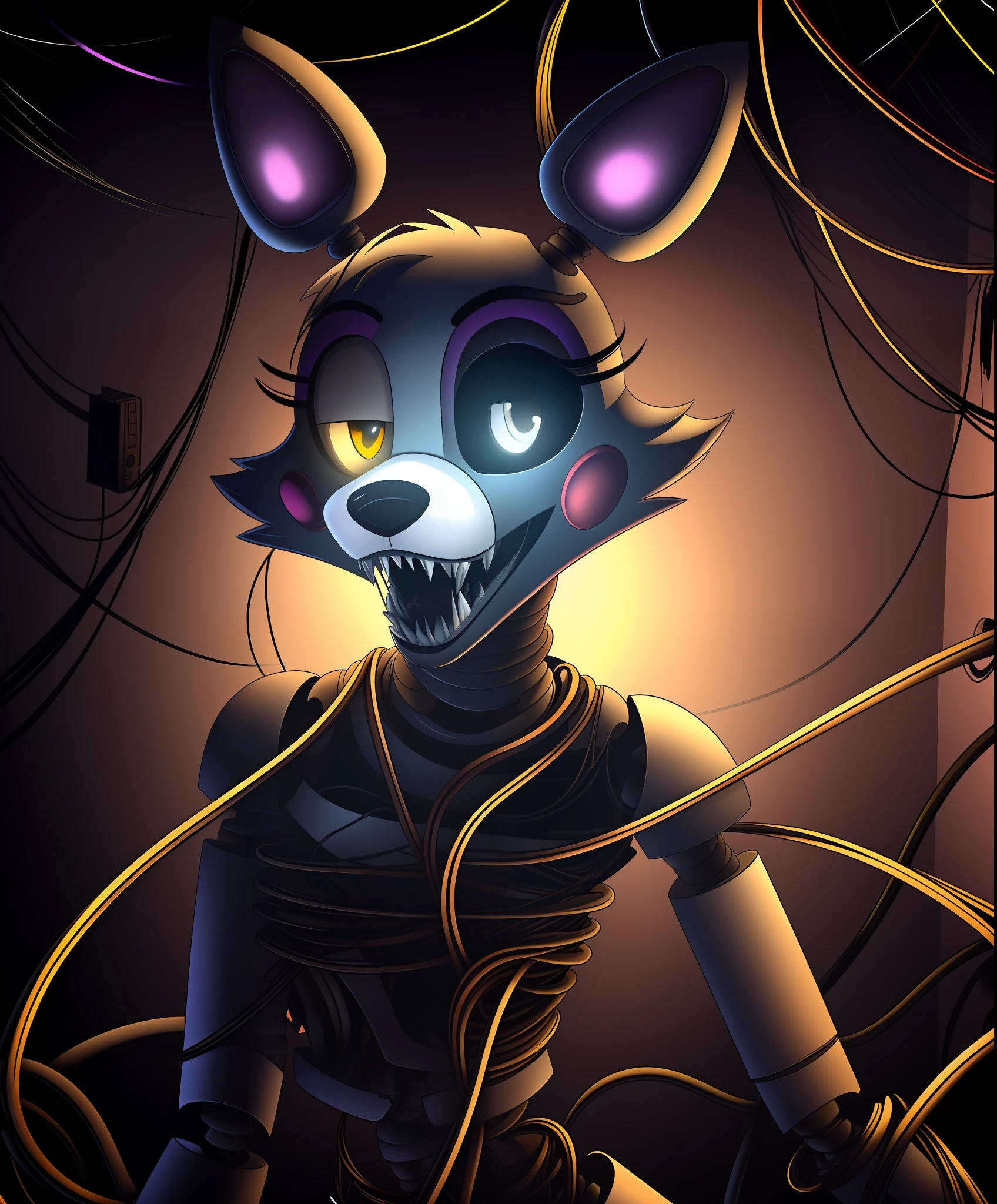 manglefnaf, furry female, robot, (wires, tangled, broken, detached limbs, detached head:1.2), solo, (best quality), (abstract torn background:1.1), dramatic lighting, (horror scene:1.2), looking at viewer, (tail:1.1), teeth, (heterochromia, black sclera, white pupil:1.3),