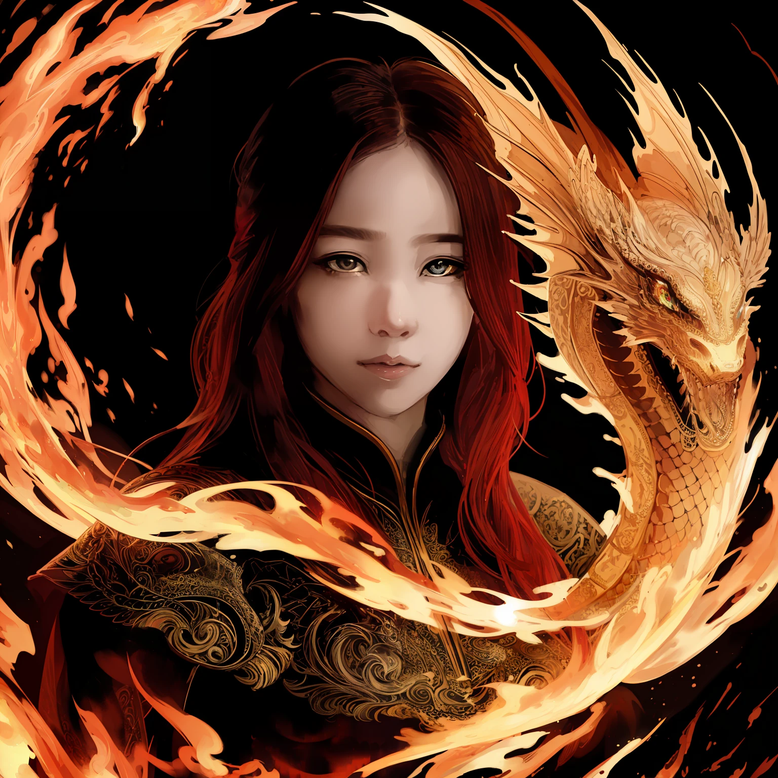 A woman's portrait made of liquid fire with a liquid chrome dragon ouroboros surrounding her, masterpiece, intricate, detailed, intricate, 8k, high detail, detailed, ultra detailed, black background