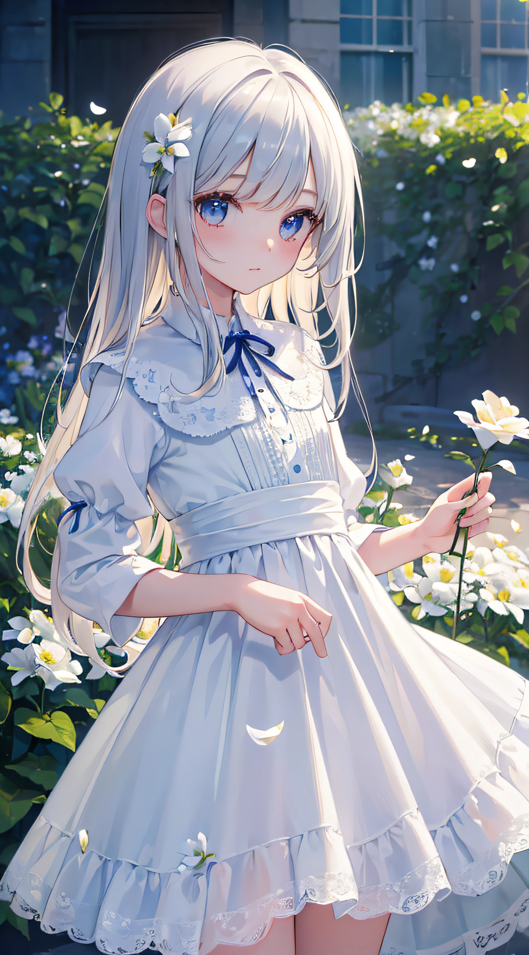 (masterpiece, best quality:1.6), white lace dress, cowboy shot, thighs, beautiful girl, (flowers, many small white petals:1.3), garden, blue sky, looking at viewer, small waist, official art, raw photo, incredibly absurdres, facelight, dynamic lighting, cinematic lighting, ultra realistic, highres, photography, sharp focus, highest detailed, extreme detailed, ultra detailed, finely detail, extremely detailed eyes and face