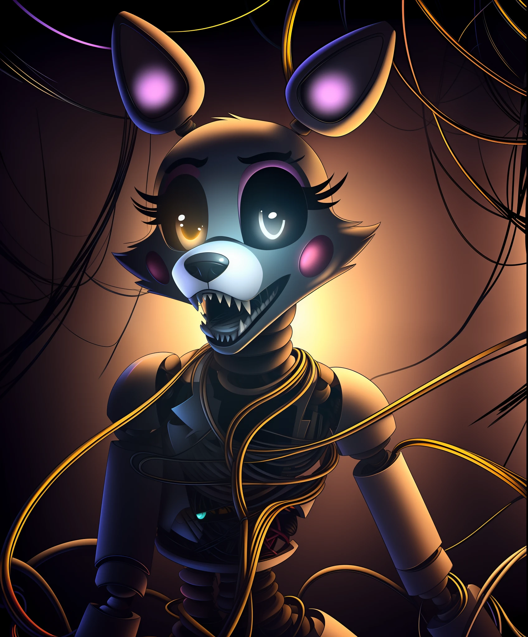 manglefnaf, furry female, robot, (wires, tangled, broken, detached limbs, detached head:1.2), solo, (best quality), (abstract torn background:1.1), dramatic lighting, (horror scene:1.2), looking at viewer, (tail:1.1), teeth, (heterochromia, black sclera, white pupil:1.3),