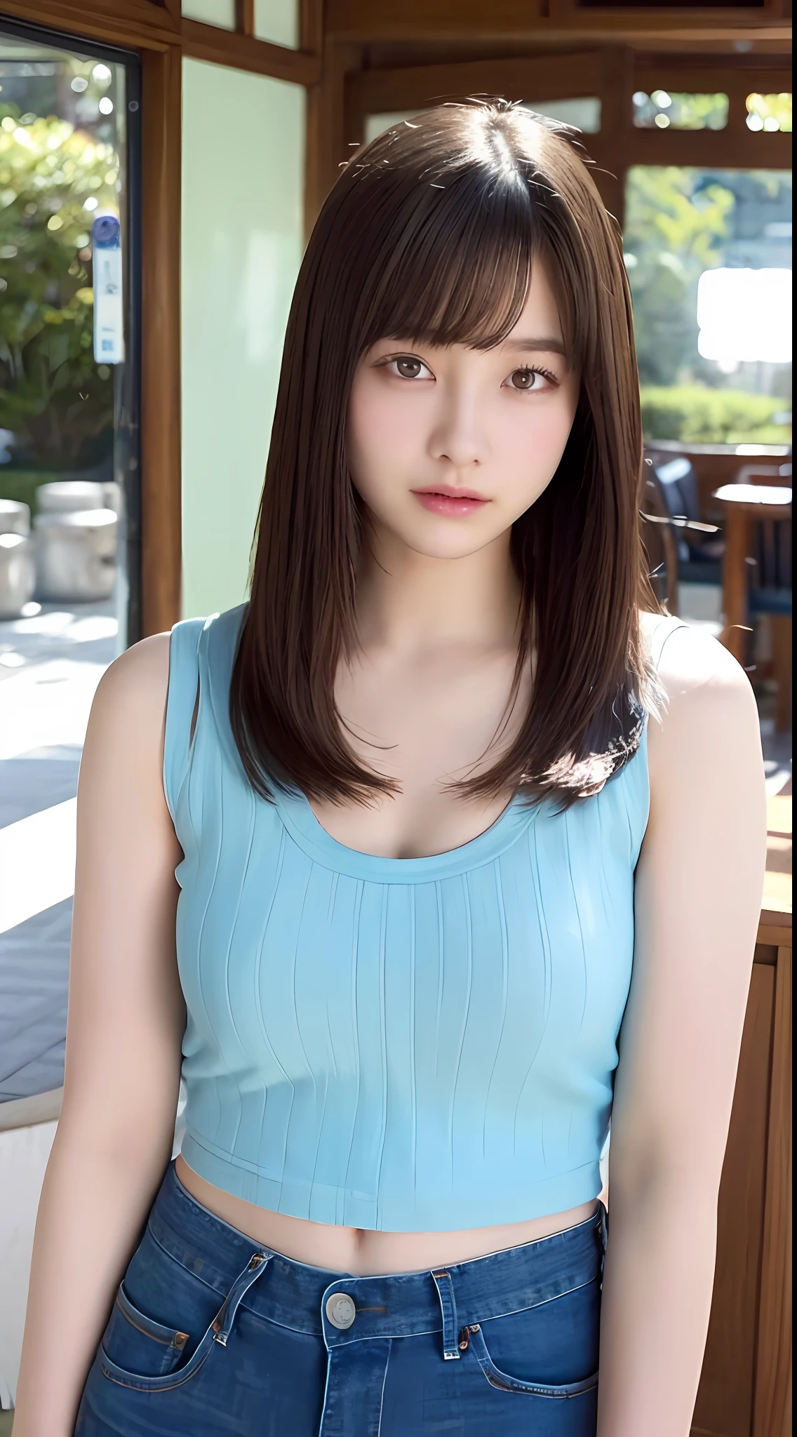 ((top-quality、8K、​masterpiece:1.3))、Detail Women:1.3、(Medium Hair、Colossal tits:1.3)、Camisole with a small area、Clothes that emphasize the chest very much、Clothes with open cleavage、Clothes that expose a lot of skin、lightly dressed、(denim short pants)、ultra -detail、the detail、eyelid、Summer Cafe