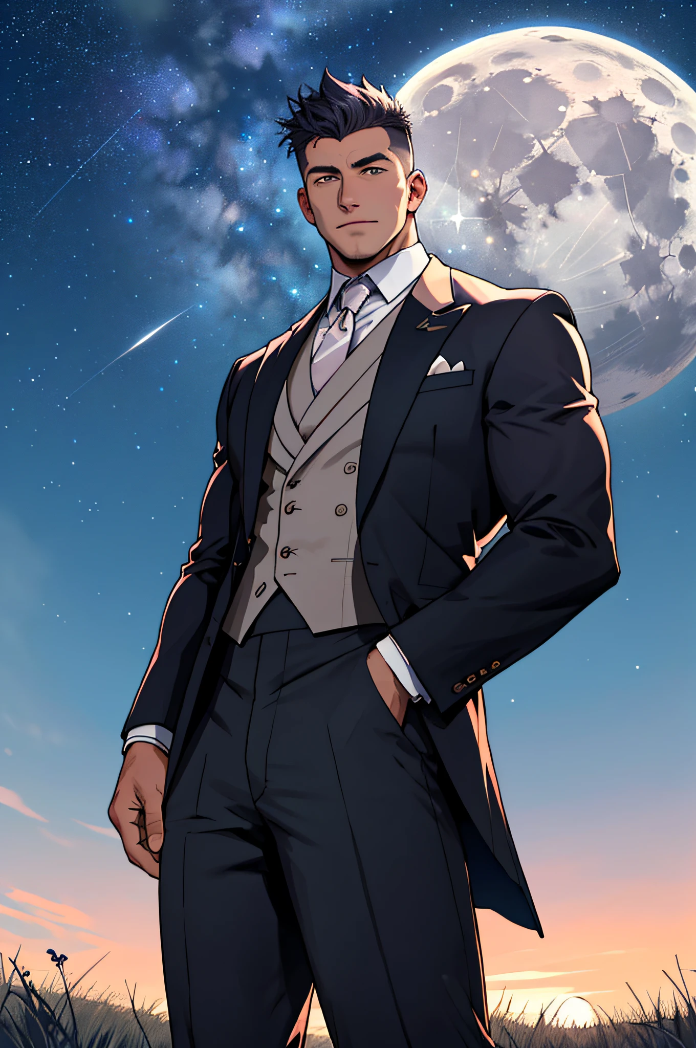 Draw a full-fledged footballer，Standing on the steppe at night，He wears a fancy suit，The man looks confident and determined，looking-down，Crew cut，full bodyesbian，Stars dot the sky，shooting from below，Big moon highlights background