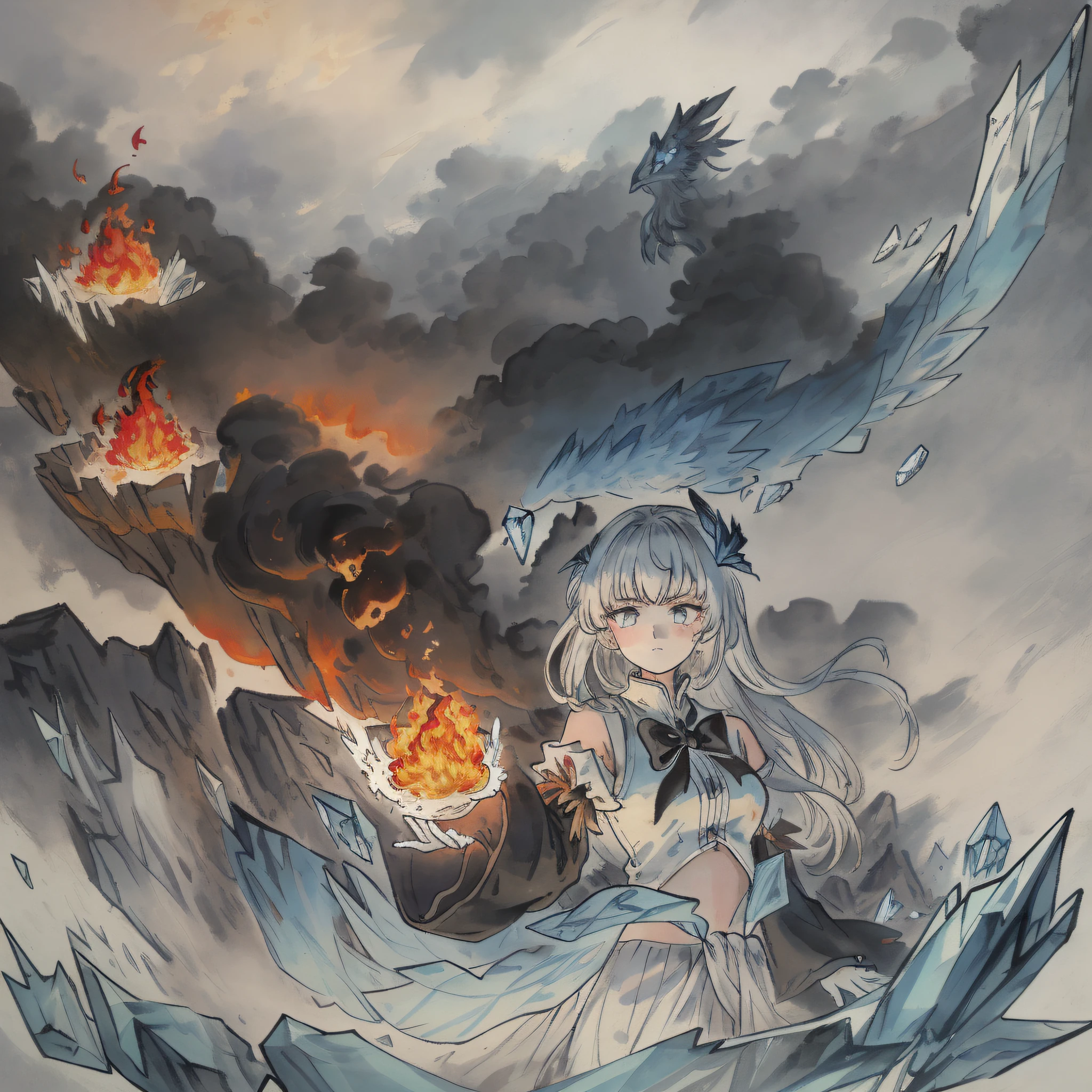 a girl,Phoenix girl,fluffy hair,war,a hell on earth,Beautiful and detailed explosion,Cold machine,Fire in eyes,World War,burning,Metal texture,Exquisite cloth,Metal carving,volume,best quality,normal hands,Metal details,Metal scratch,Metal defects,{{masterpiece}},best quality,official art,4k,best quality,extremely detailed CG unity 8k,illustration,highres,masterpiece,contour deepening,Azur Lane,Girls' Front,Magical,Cloud Map Plan,contour deepening,long-focus,Depth of field,a cloudy sky,Black smoke,smoke of gunpowder, long-focus,Mature, resolute eyes, burning, burning sky, burning hair,Burn oneself in flames, fighting,Covered in blood,complex pattern,battleing,Flying flames,Flame whirlpool,Doomsday Scenes,float,Splashing blood,on the battlefield,Bloody scenes,Good looking flame,Exquisite Flame,Exquisite Blood,photorealistic,Watercolor,colourful, (((masterpiece))),best quality, illustration,beautiful detailed glow,detailed ice,beautiful detailed water,red moon, (magic circle:1,2), (beautiful detailed eyes),expressionless,beautiful detailed white gloves, own hands clasped, (floating palaces:1.1),azure hair,disheveled hair,long bangs, hairs between eyes, dark dress, (dark magician girl:1.1),black kneehighs, black ribbon,white bowties,midriff,{{{half closed eyes}}},,big forhead,blank stare,flower,large top sleeves,, (((masterpiece))),best quality, illustration,(beautiful detailed girl),beautiful detailed glow,detailed ice,beautiful detailed water,(beautiful detailed eyes),expressionless,beautiful detailed white gloves, (floating palaces:1.2),azure hair,disheveled hair,long bangs, hairs between eyes, (skyblue dress),black ribbon,white bowties,midriff,{{{half closed eyes}}},,big forhead,blank stare,flower,large top sleeves,(((ice crystal texture wings)),(((ice and fire melt)))