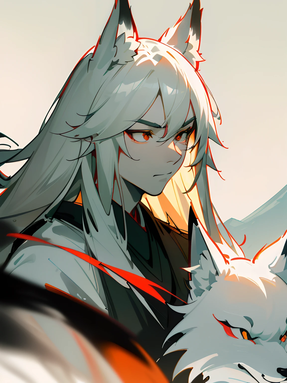 Masterpiece, Superb Painting, (Chinese Ink Painting), (Illustration), (1 Man), ((Huge White Fox Demon Behind You)), Fox, Classic of Mountains and Seas, Chinese style, (ancient Chinese mean), (Russ mills style), (long hair), (white messy hair), (white skin), (dark circles), (fox ears), cute, (fur white), tang dynasty, green, hiroshi yoshida, (close-up), (plant background), (chiaroscuro), fine face detail, face detail, cinematic lighting, (depth of field), UHD, (upper body)