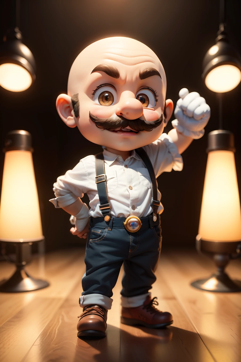 cute little kid character from mario game, chibi, ultra detailed, pixar design, 4k, uhd, studio lighting, full body, beard, bald, modern disney style