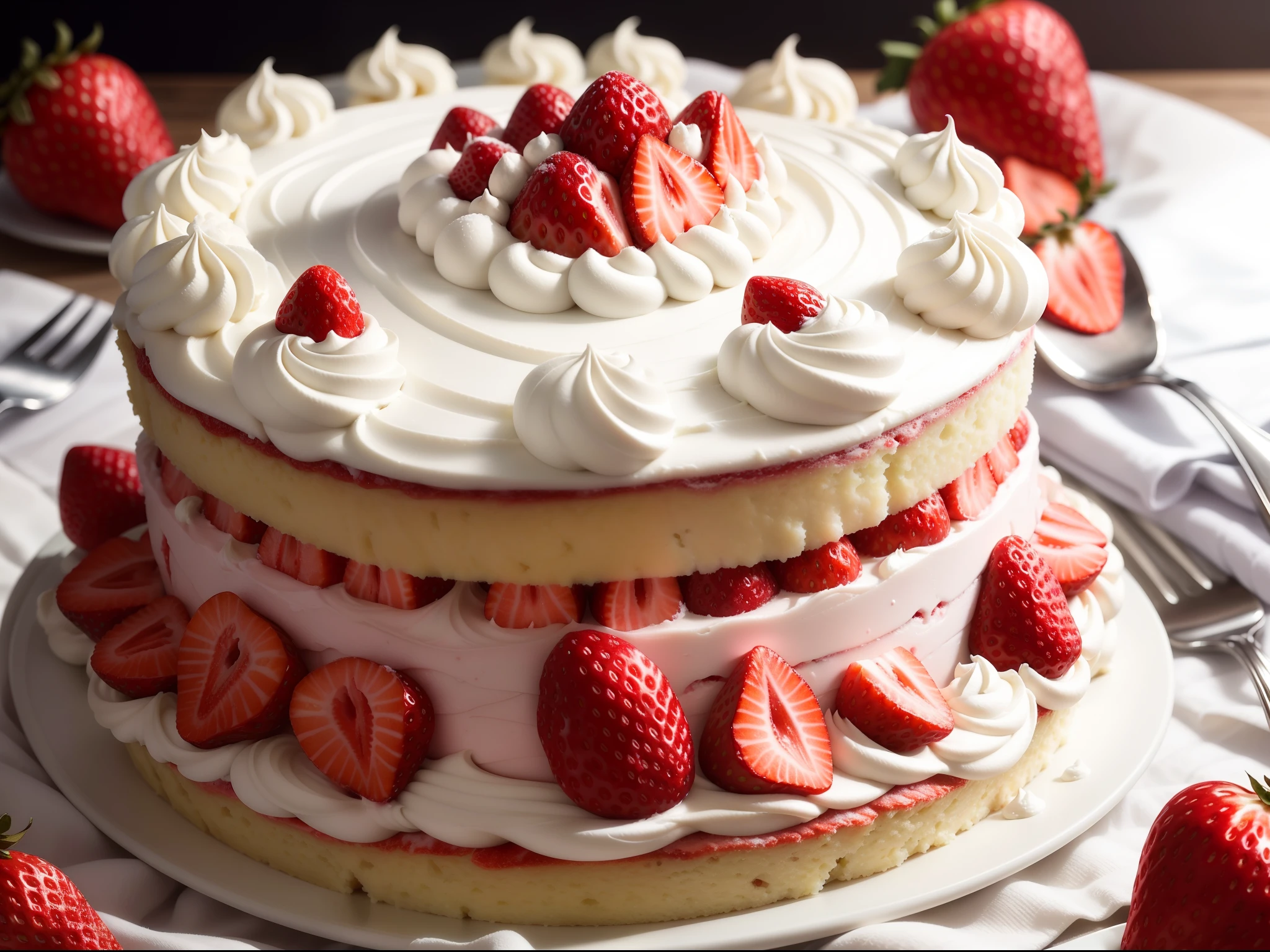 "Delicious and perfectly baked 3-tier strawberry cake with smooth buttercream icing, topped with fresh strawberries and a dusting of powdered sugar."