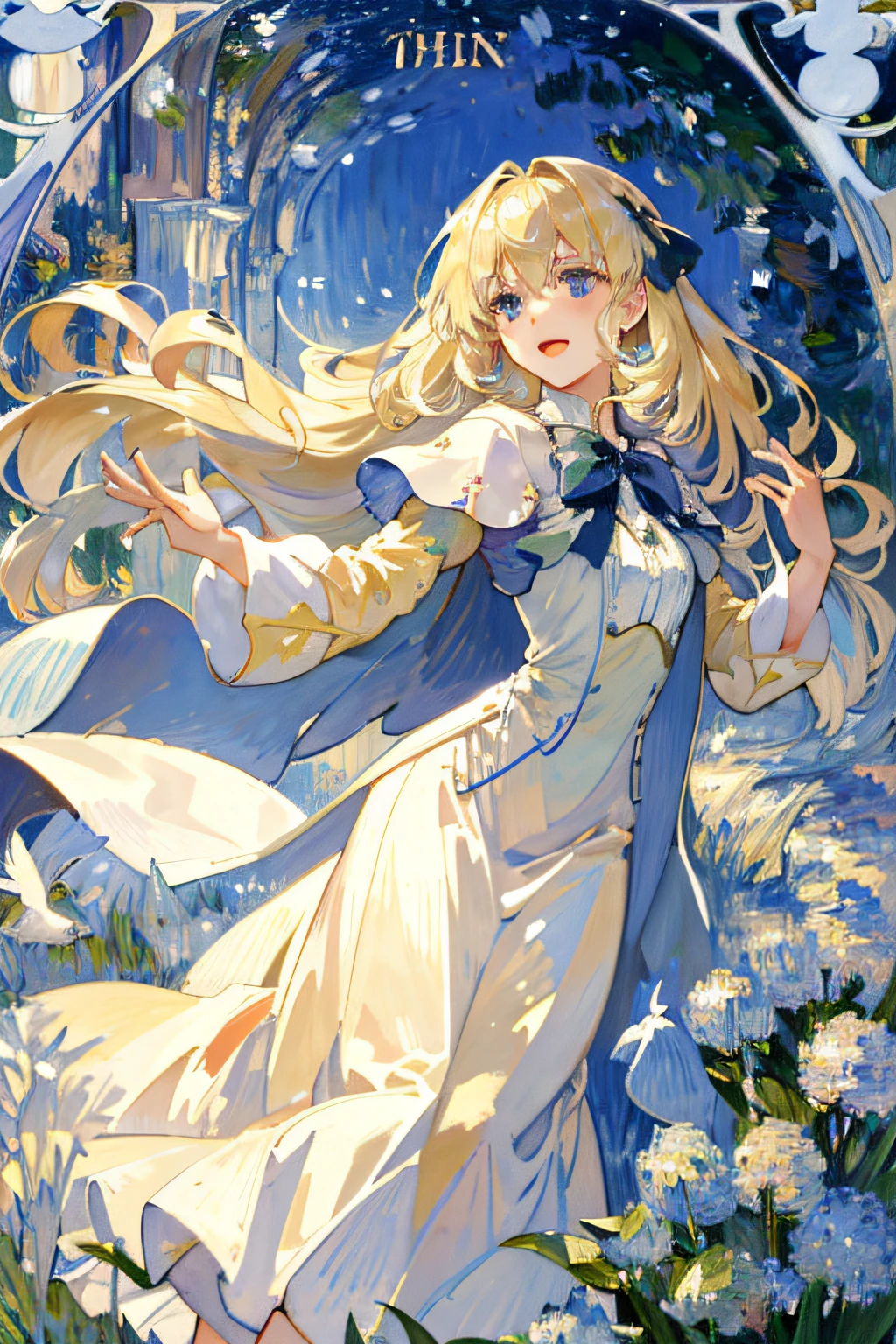 ((Masterpiece:1.2, Best quality)), 1girll, Solo, Blonde hair, Long hair, dress, ray of lights,In the daytime,A flock of white pigeons, White dress, Skysky, Open mouth, fantasy architecture,daggers,Blue eyes, ribbon, Very long hair, White dress, Smile, Hair ribbon, Cape, Blonde hair, (Bird), magic, casting spell, (Impressionism:1.4), (tarot:1.3), Alphonse Mucha,