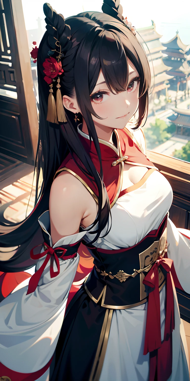 Ridiculous resolution, A high resolution, (Masterpiece:1.4), ultra - detailed, 1boy , whaite hair,Chinese big breasts,Hanfu,longer sleeves,Faraway view,looking from above, the space, afloat,Chinese red --v 6