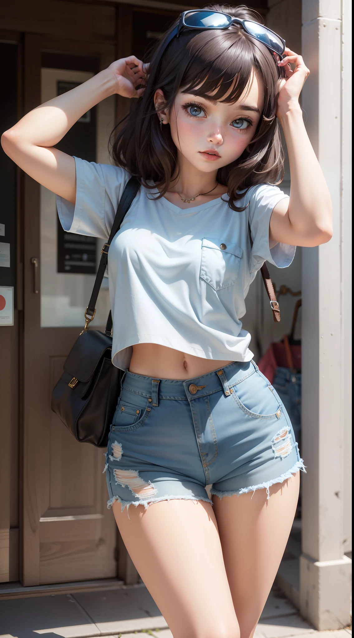 a girl, short denim pants