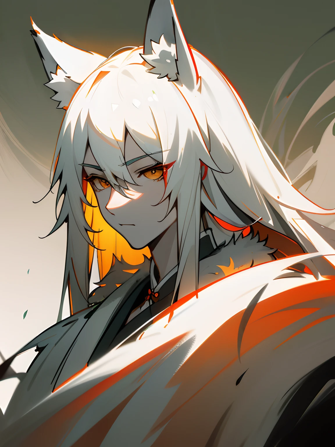 Masterpiece, Superb Painting, (Chinese Ink Painting), (Illustration), (1 Man), ((Huge White Fox Demon Behind You)), Fox, Classic of Mountains and Seas, Chinese style, (ancient Chinese mean), (Russ mills style), (long hair), (white messy hair), (white skin), (dark circles), (fox ears), cute, (fur white), tang dynasty, green, hiroshi yoshida, (close-up), (plant background), (chiaroscuro), fine face detail, face detail, cinematic lighting, (depth of field), UHD, (upper body)