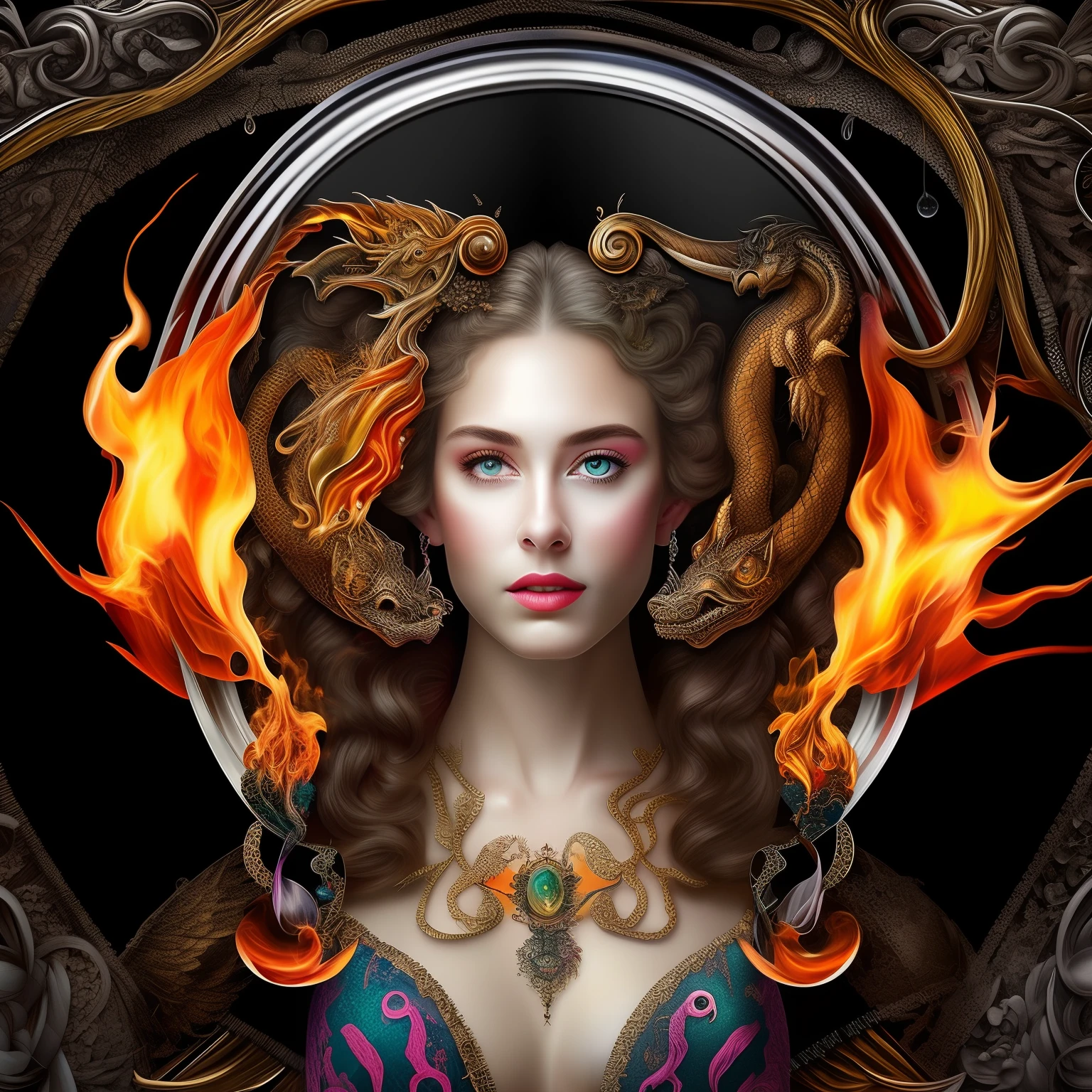 A woman's portrait made of liquid fire with a liquid chrome dragon ouroboros surrounding her, masterpiece, intricate, detailed, intricate, 8k, high detail, detailed, ultra detailed, black background
